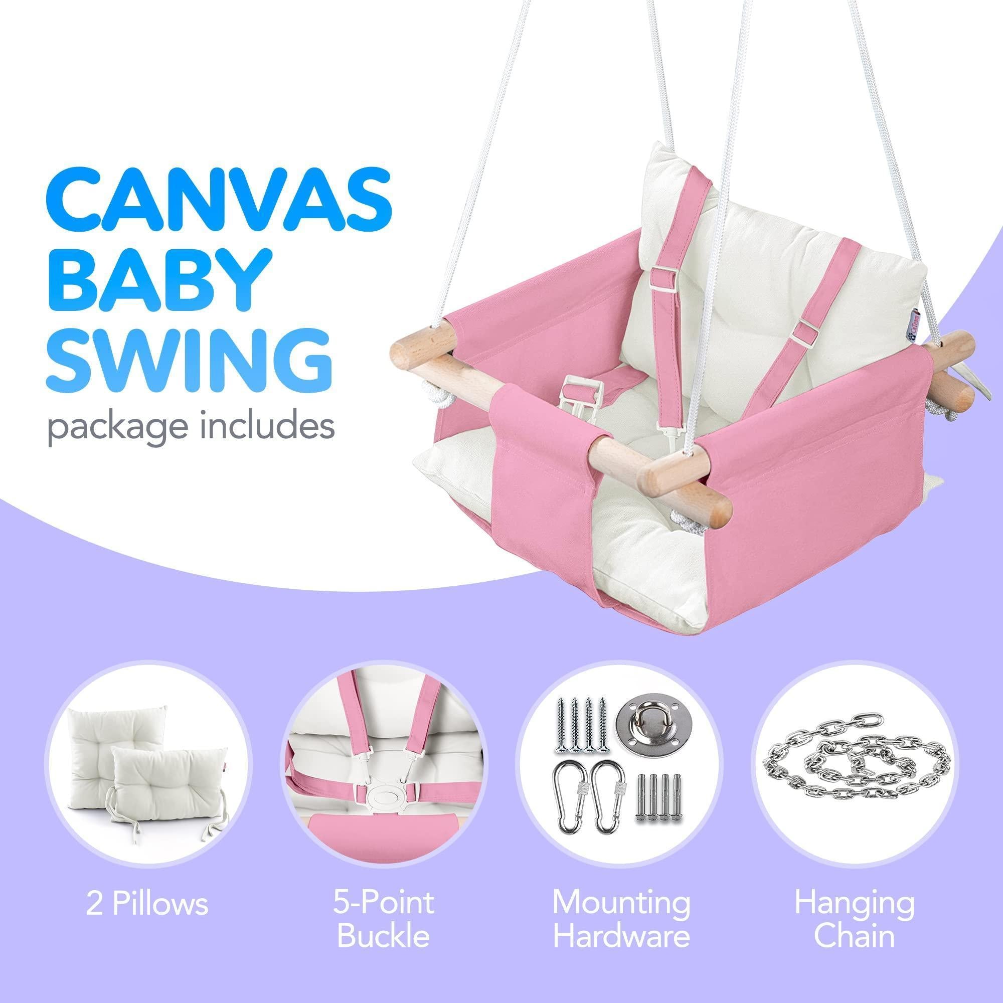 Pink Canvas Baby Swing Wooden Hanging Swing Seat Chair with Safety Belt Durable Baby Swing Chair Outdoor and Indoor Swing for Kids Mounting Hardware Included Pink Pink Canvas Baby Swing Wooden Hanging Swing Seat Chair with Safety Belt Durable Baby Swing Chair Outdoor and Indoor Swing for Kids Mounting Hardware Included Pink