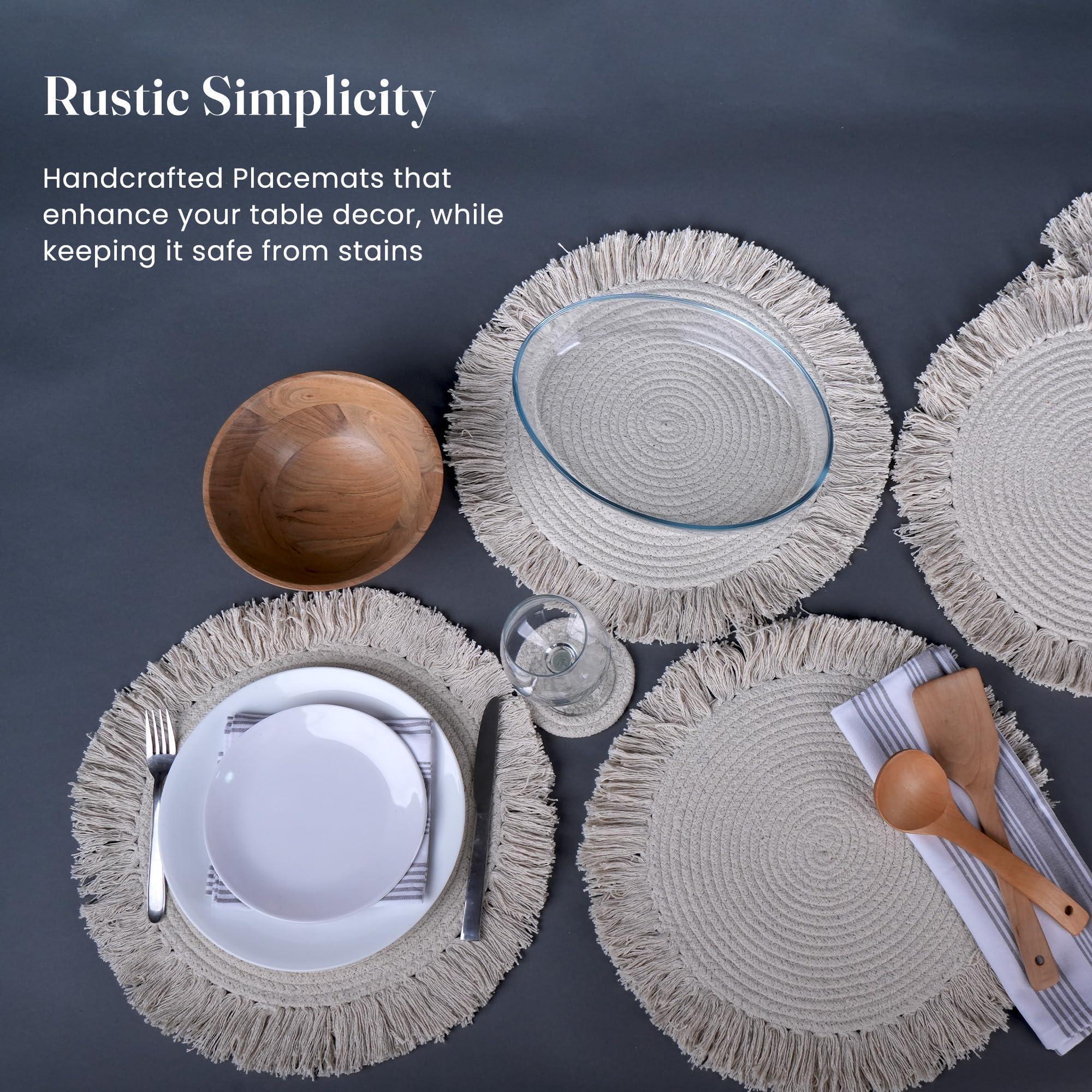 The Fine Living Co. Braided Cotton Placemats (Set of 6 15 Inches) with 6 Free Coasters Washable Anti Slip Heat Resistant Mats Boho Woven Round Table Mats for House Decor Kitchen and Dining The Fine Living Co. Braided Cotton Placemats (Set of 6 15 Inches) with 6 Free Coasters Washable Anti Slip Heat Resistant Mats Boho Woven Round Table Mats for House Decor Kitchen and Dining
