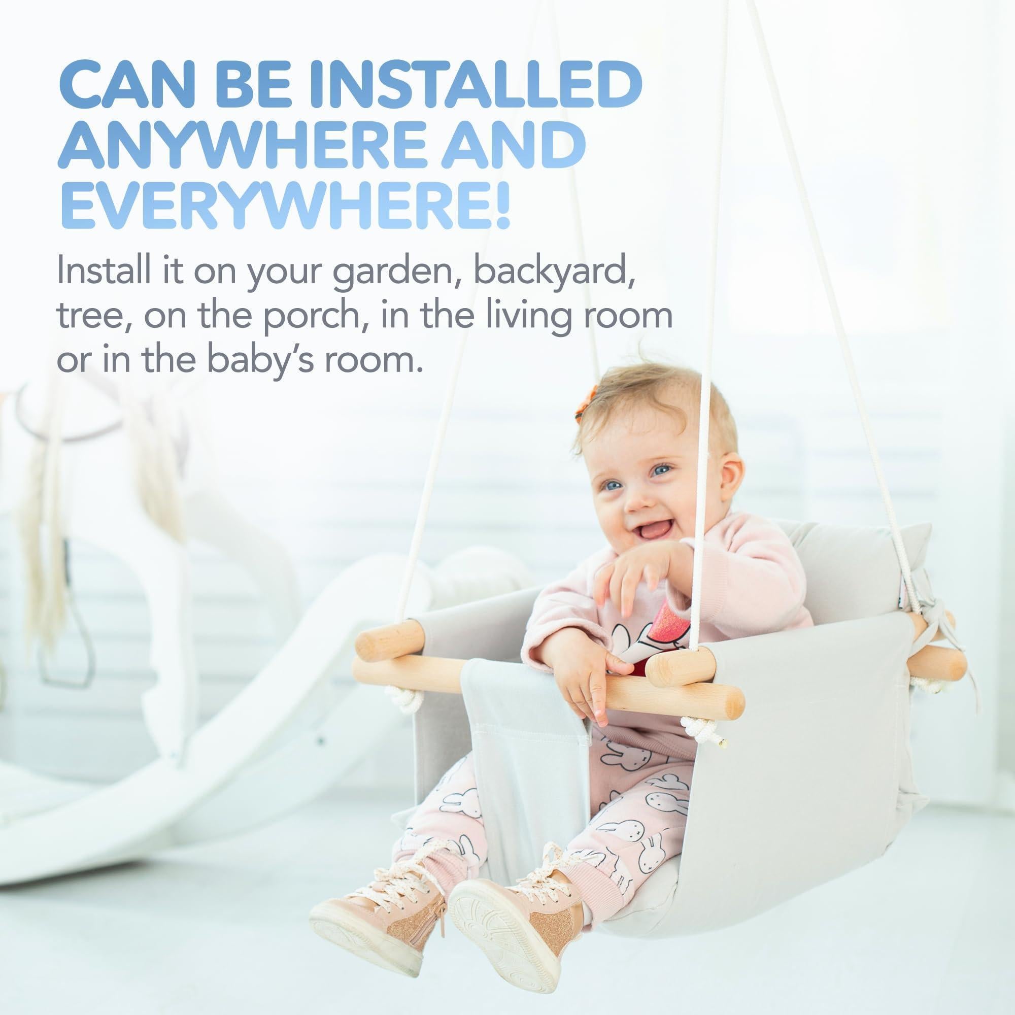 Grey Canvas Baby Swing Wooden Hanging Swing Seat Chair with Safety Belt Durable Baby Swing Chair Outdoor and Indoor Swing for Kids Mounting Hardware Included Gray Grey Canvas Baby Swing Wooden Hanging Swing Seat Chair with Safety Belt Durable Baby Swing Chair Outdoor and Indoor Swing for Kids Mounting Hardware Included Gray