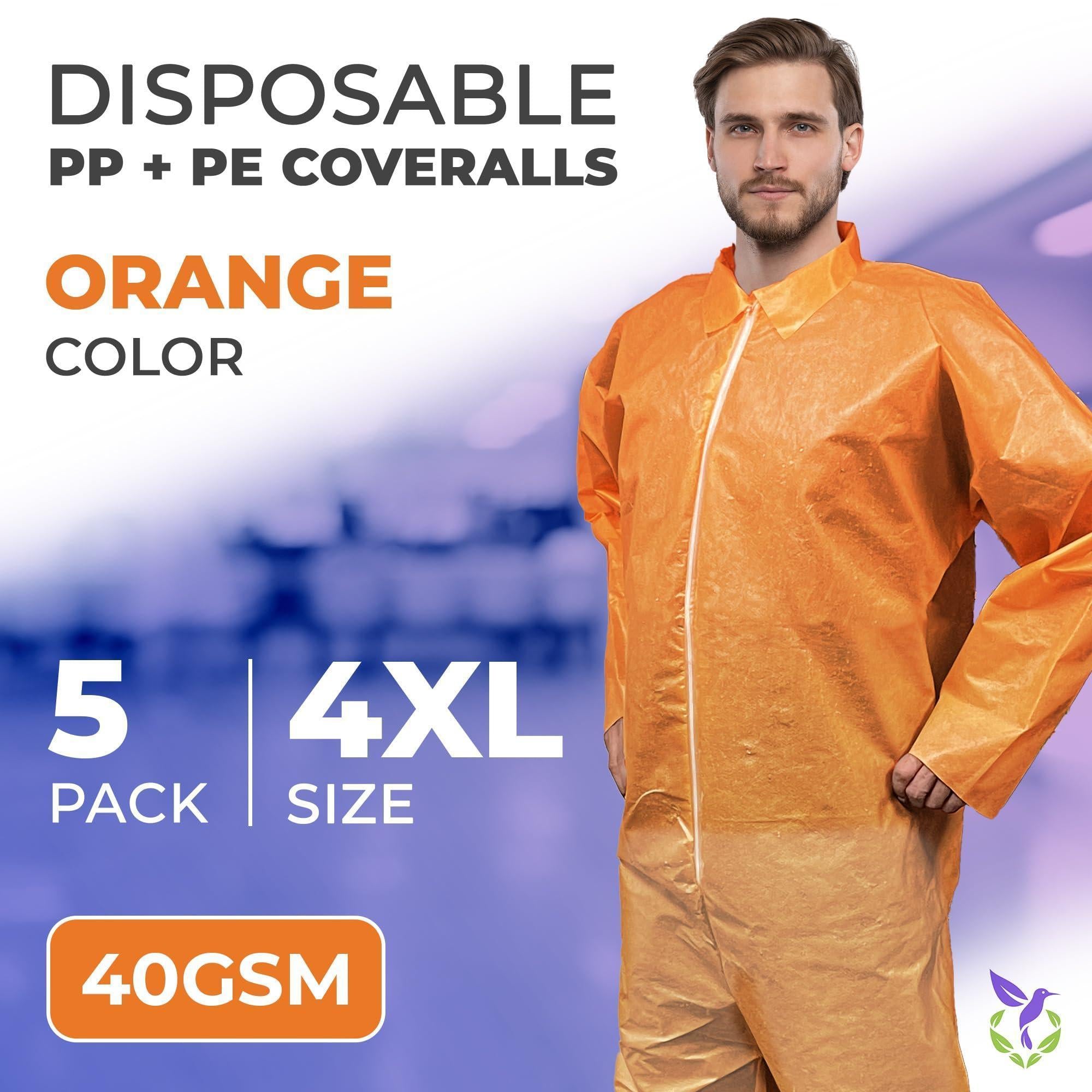 Orange Disposable Coveralls for Men Women 4X Large Pack of 5 Hazmat Suits Disposable Breathable PP PE 40 GSM Painters Coveralls Paint Suit with Open Wrists Ankles Front Zipper Orange Disposable Coveralls for Men Women 4X Large Pack of 5 Hazmat Suits Disposable Breathable PP PE 40 GSM Painters Coveralls Paint Suit with Open Wrists Ankles Front Zipper