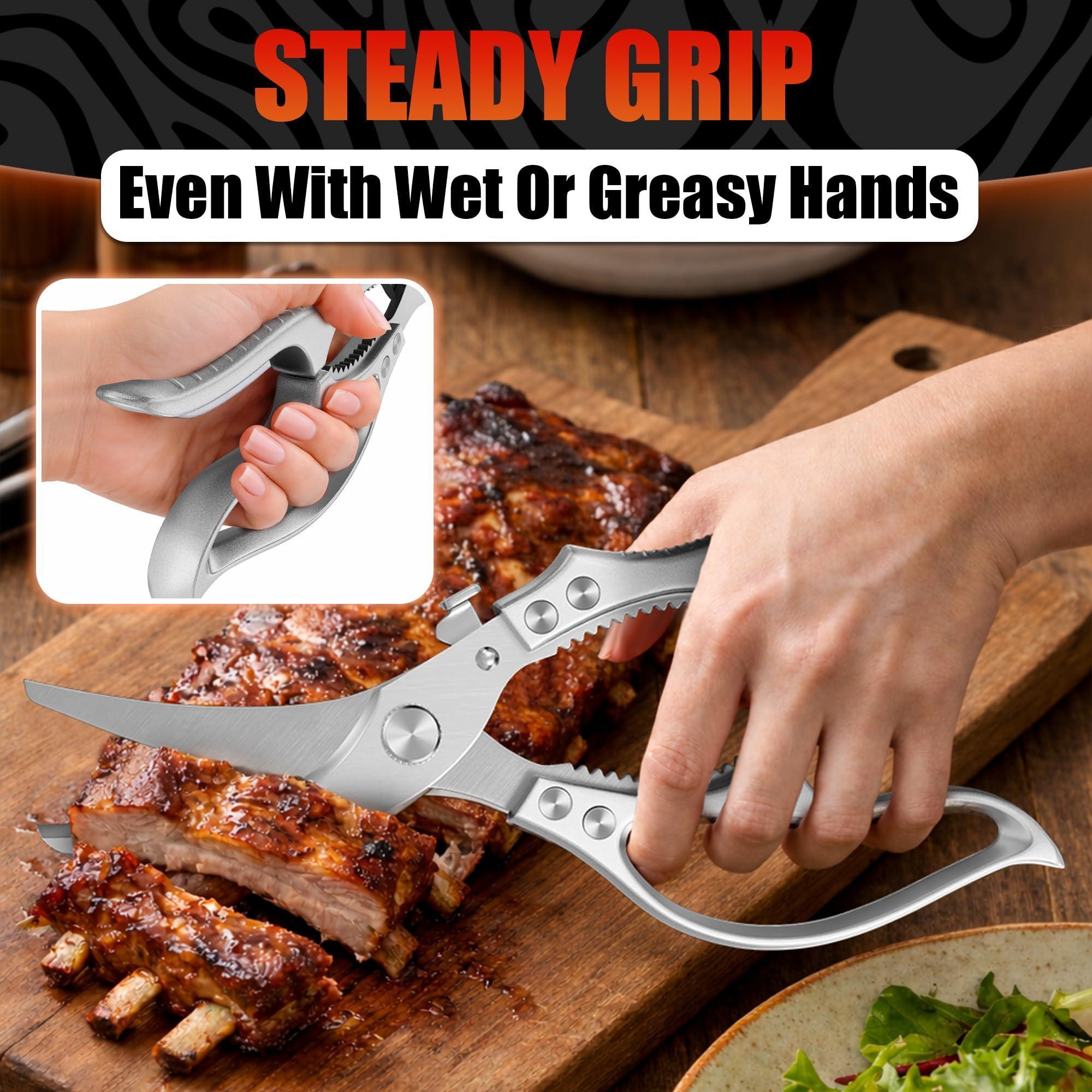 Stainless Steel Poultry Shears Heavy Duty Kitchen Shears for Food with Hardened Blades One Hand Safety Lock Spring Mechanism Dishwasher Safe Chicken Meat Cutting Turkey Fish and Vegetables Stainless Steel Poultry Shears Heavy Duty Kitchen Shears for Food with Hardened Blades One Hand Safety Lock Spring Mechanism Dishwasher Safe Chicken Meat Cutting Turkey Fish and Vegetables