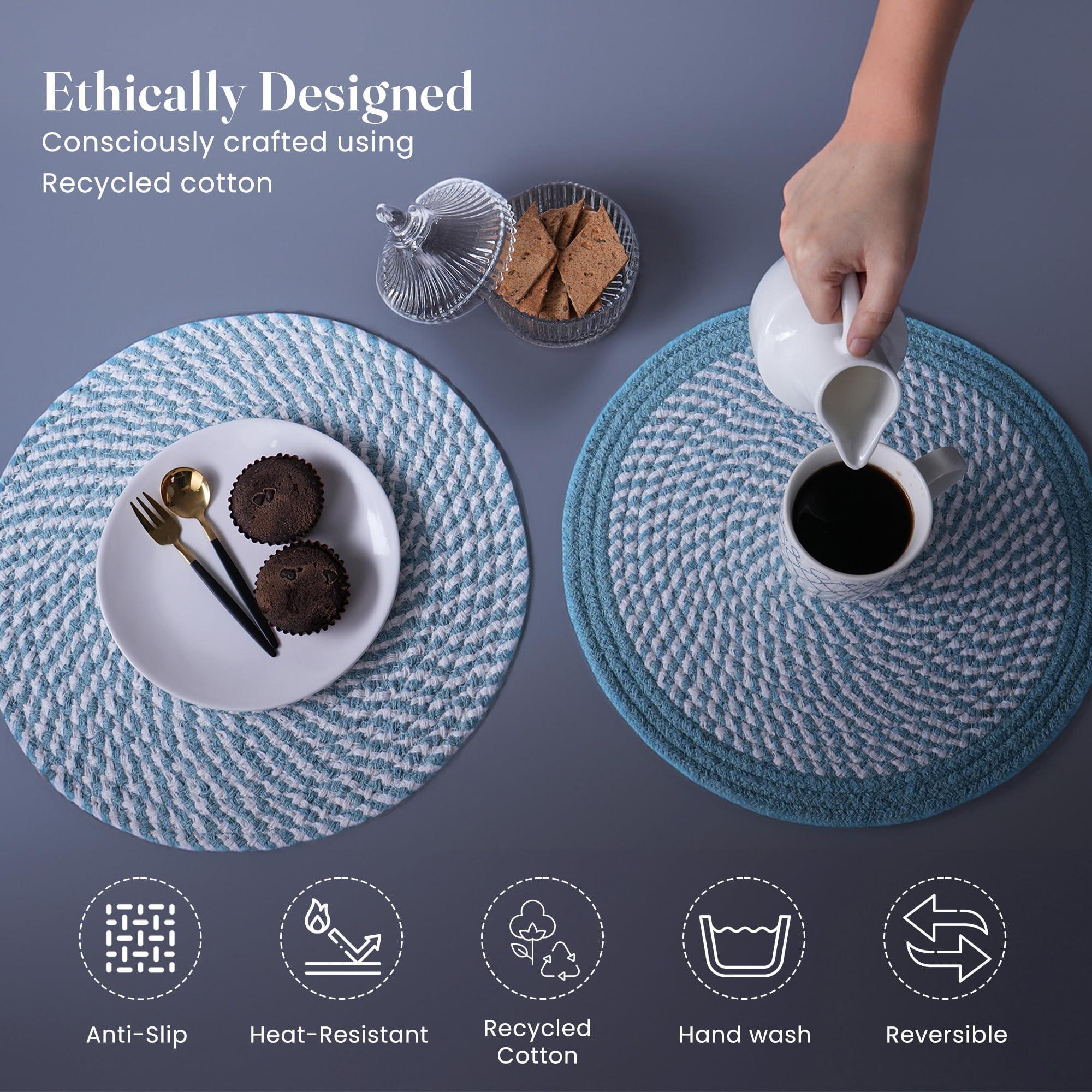 The Fine Living Co. Braided Cotton Placemats (Set of 6 13.5 Inches) Washable Anti Slip Heat Resistant Mats Boho Woven Round Table Mats for House Decor Kitchen and Dining The Fine Living Co. Braided Cotton Placemats (Set of 6 13.5 Inches) Washable Anti Slip Heat Resistant Mats Boho Woven Round Table Mats for House Decor Kitchen and Dining