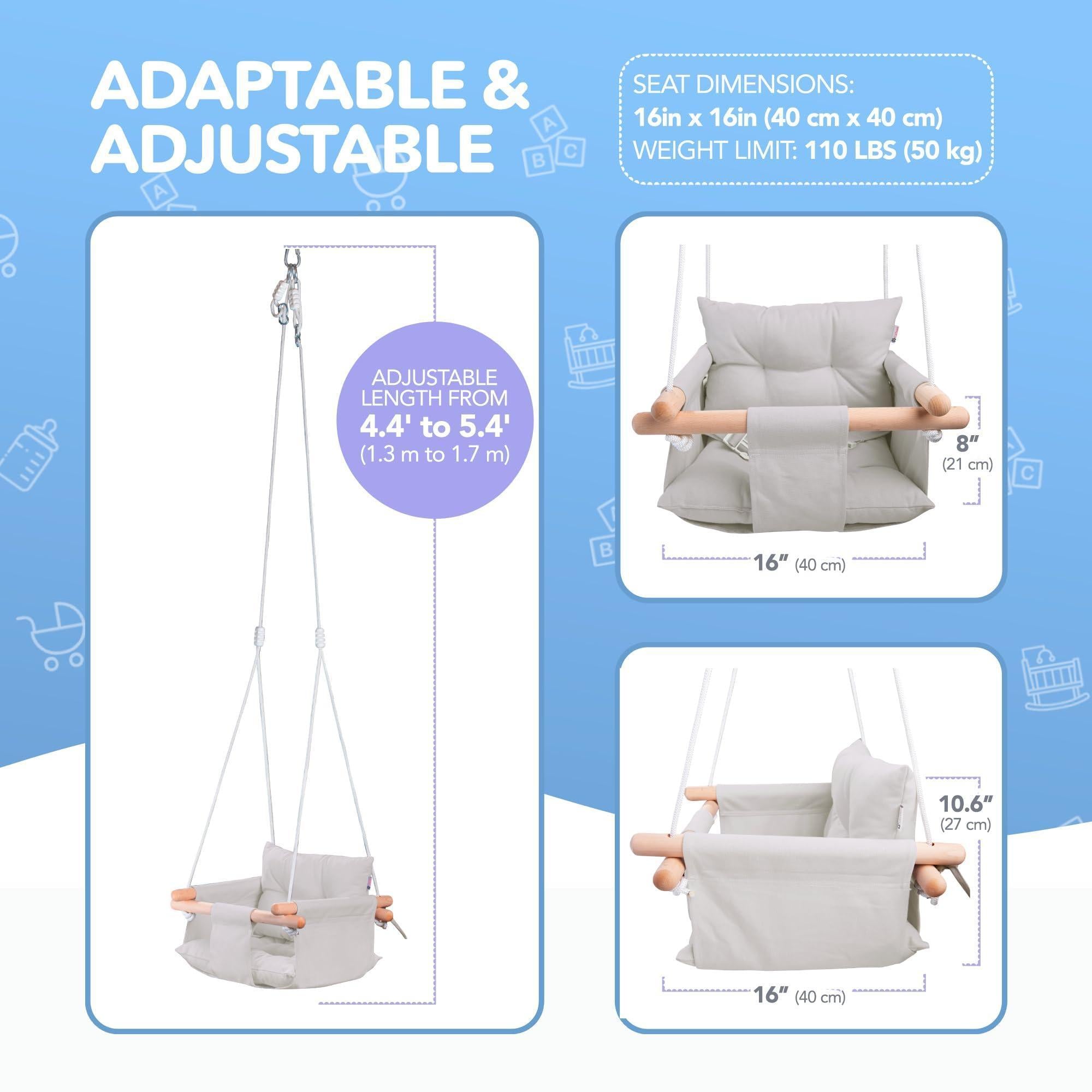 Grey Canvas Baby Swing Wooden Hanging Swing Seat Chair with Safety Belt Durable Baby Swing Chair Outdoor and Indoor Swing for Kids Mounting Hardware Included Gray Grey Canvas Baby Swing Wooden Hanging Swing Seat Chair with Safety Belt Durable Baby Swing Chair Outdoor and Indoor Swing for Kids Mounting Hardware Included Gray