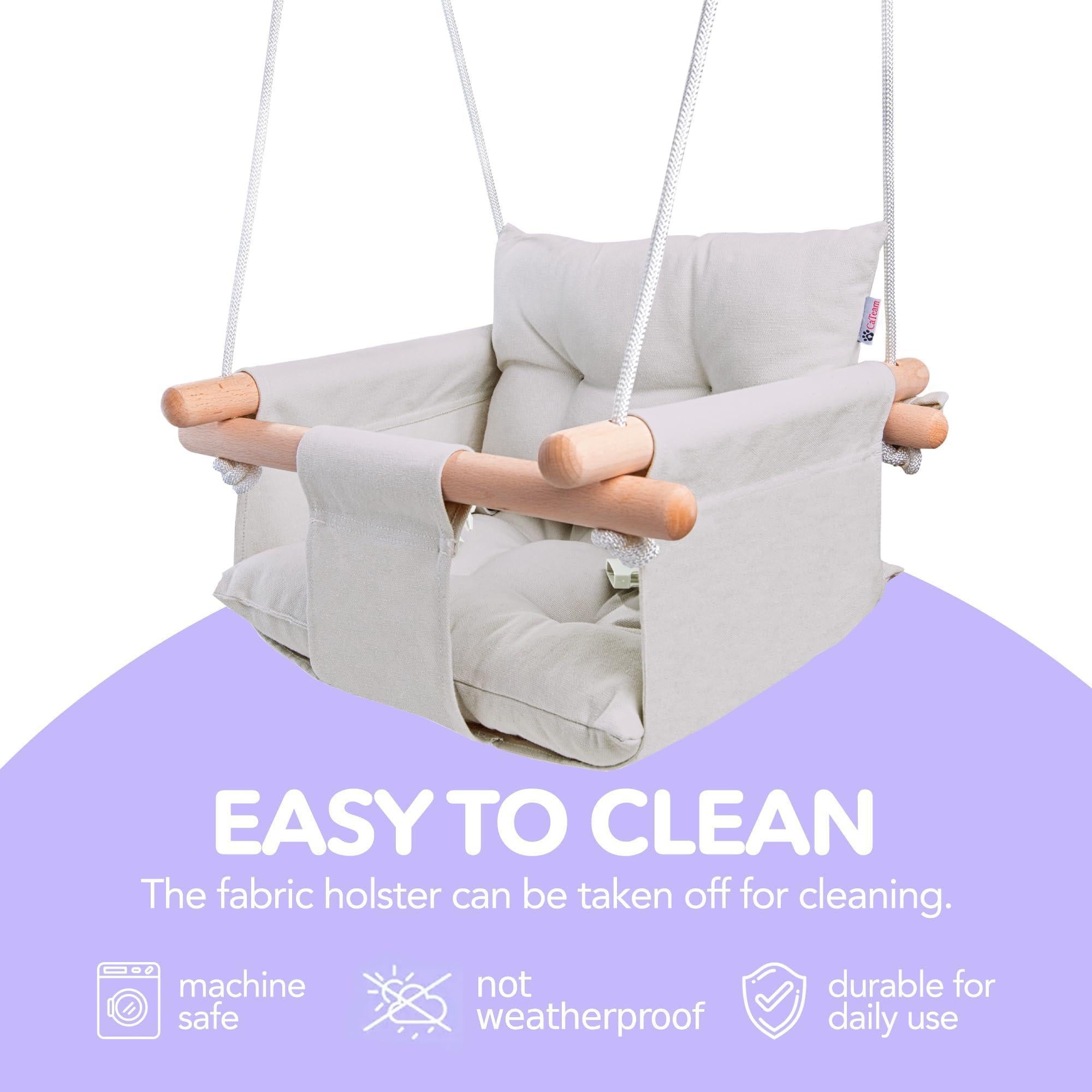 Grey Canvas Baby Swing Wooden Hanging Swing Seat Chair with Safety Belt Durable Baby Swing Chair Outdoor and Indoor Swing for Kids Mounting Hardware Included Gray Grey Canvas Baby Swing Wooden Hanging Swing Seat Chair with Safety Belt Durable Baby Swing Chair Outdoor and Indoor Swing for Kids Mounting Hardware Included Gray