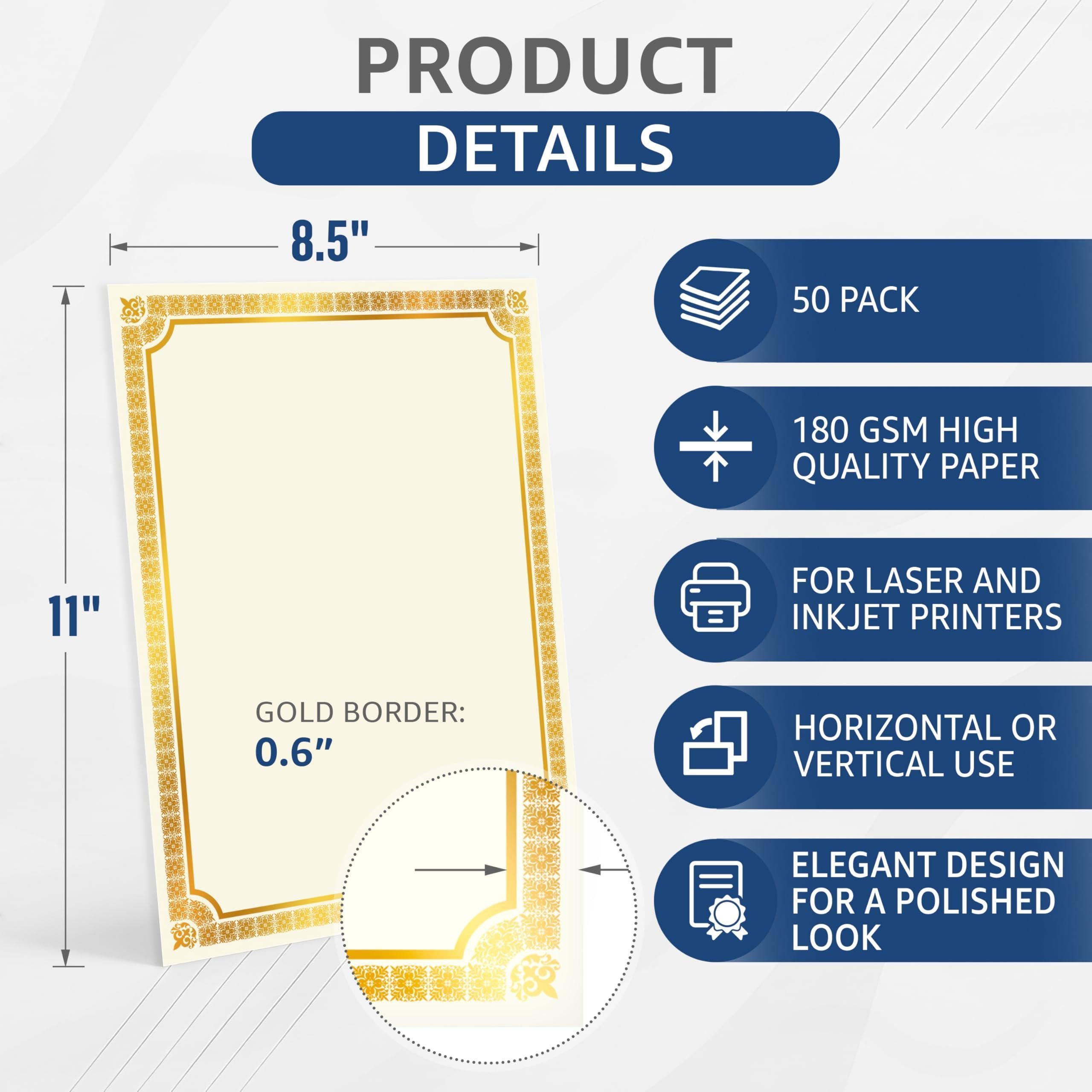 50 Sheets Certificate Paper 8.5 x 11 for Printing Letter Size 180 GSM Printable Award Certificate Paper with Gold Foil Border Blank Diploma Certificates Graduation Achievement Document Cardstock 50 Sheets Certificate Paper 8.5 x 11 for Printing Letter Size 180 GSM Printable Award Certificate Paper with Gold Foil Border Blank Diploma Certificates Graduation Achievement Document Cardstock