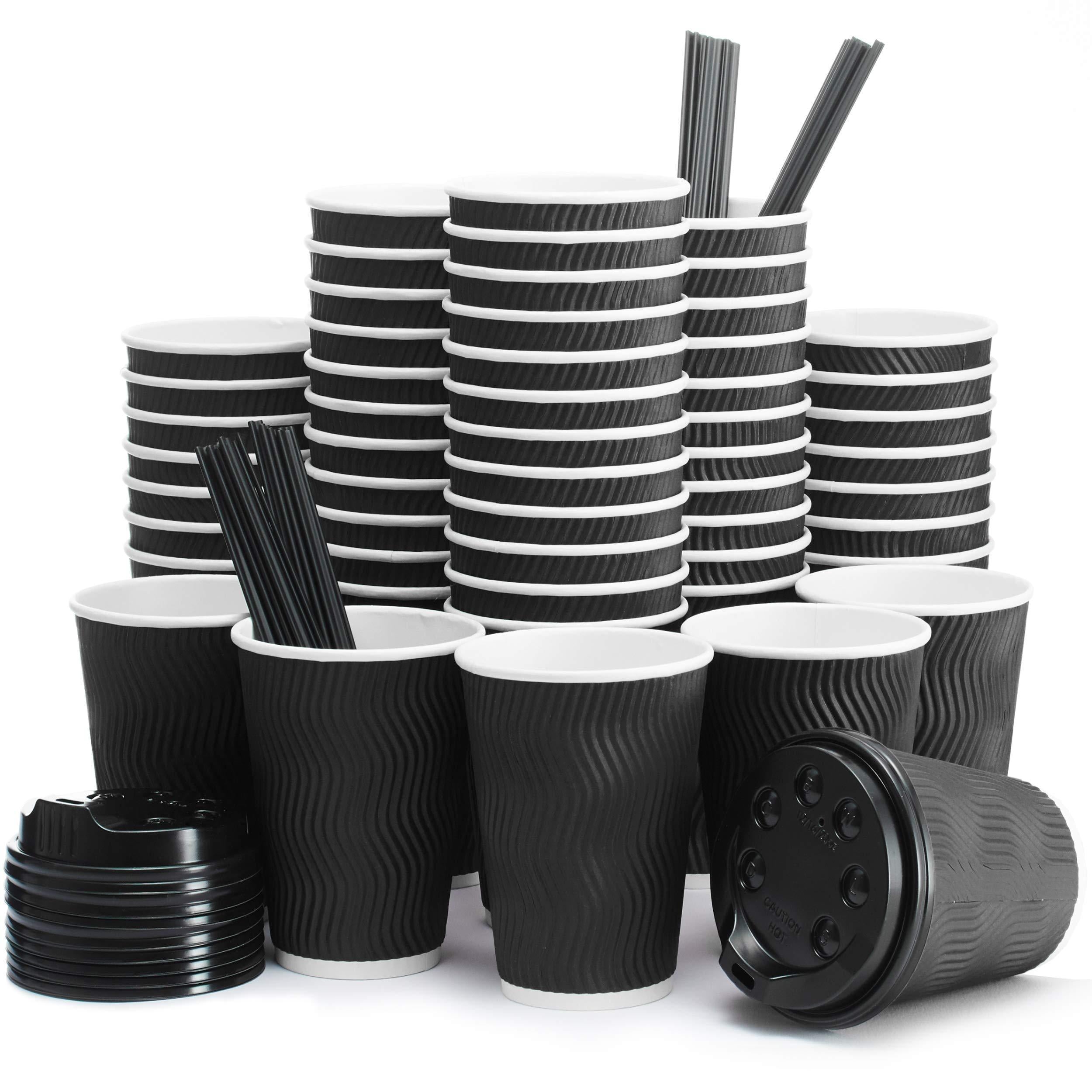 Insulated Disposable Coffee Cups with Lids & Straws 12 oz 100 Packs Black Cups Insulated Disposable Coffee Cups with Lids & Straws 12 oz 100 Packs Black Cups