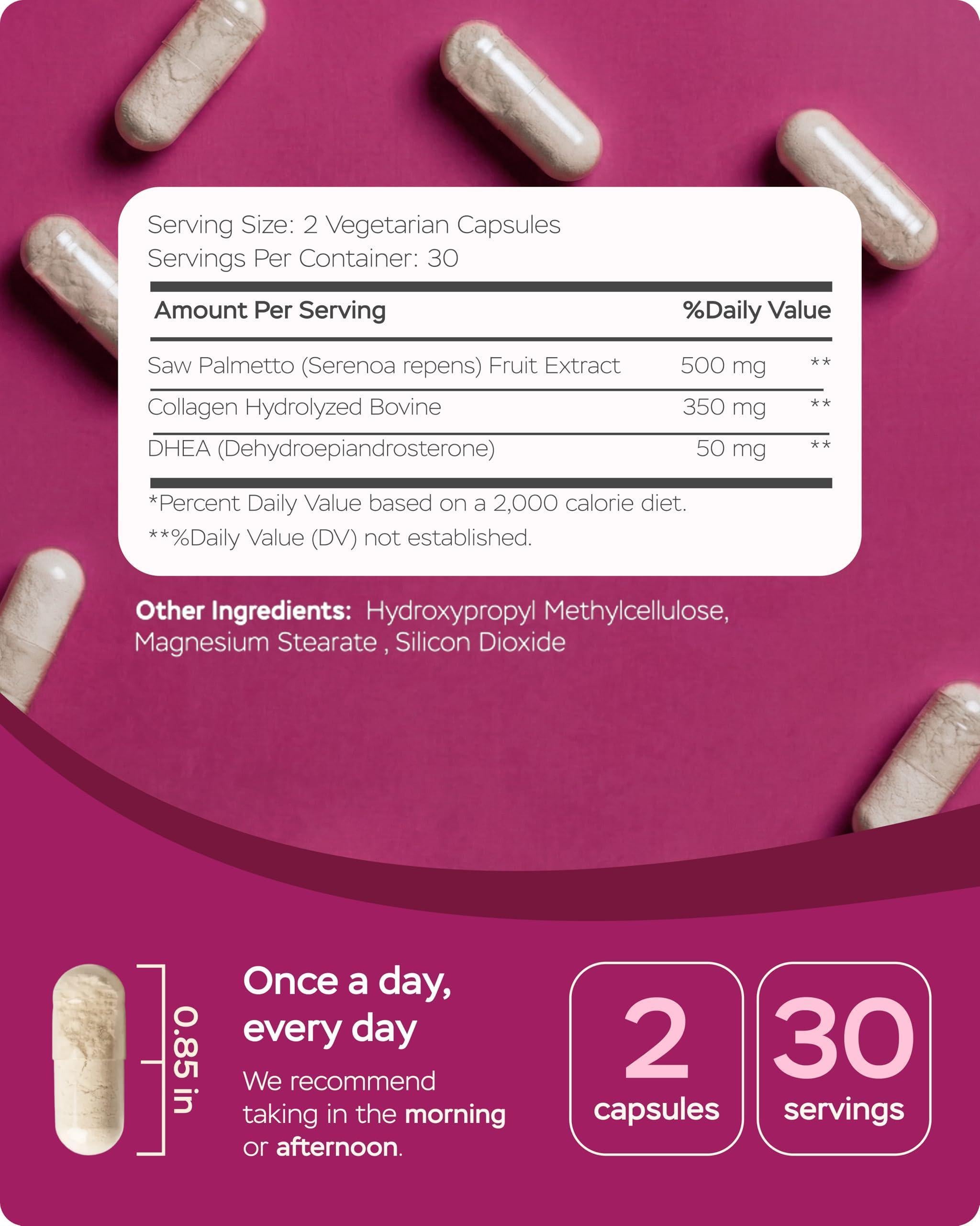 Saw Palmetto for Women 900mg DHT Blocker for Hair Growth with DHEA Collagen Peptides Advanced Beauty Support Complex for Hair Skin Nails DHEA Supplement Thinning Support 60 Capsules Saw Palmetto for Women 900mg DHT Blocker for Hair Growth with DHEA Collagen Peptides Advanced Beauty Support Complex for Hair Skin Nails DHEA Supplement Thinning Support 60 Capsules