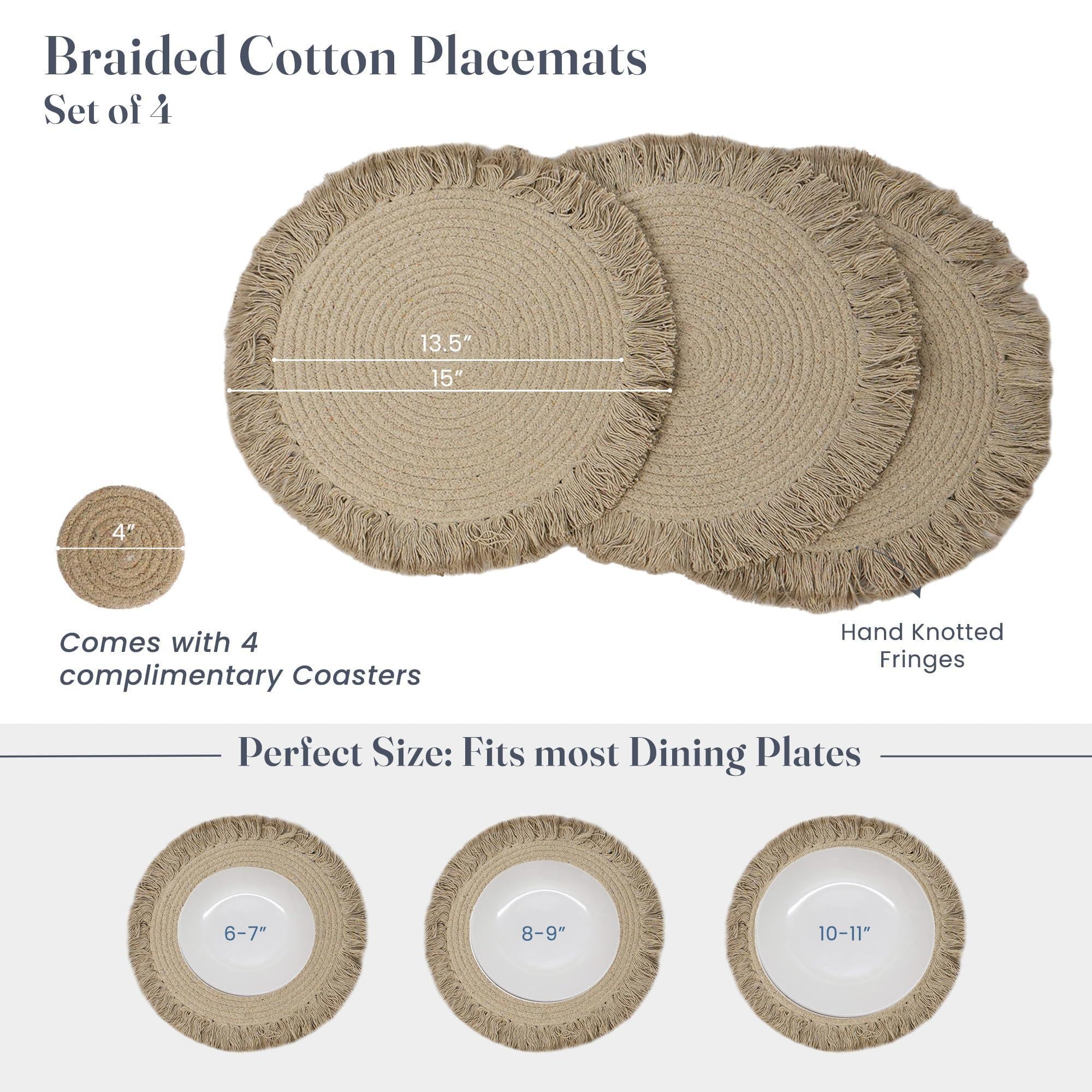 The Fine Living Co. Braided Cotton Placemats (Set of 4 15 Inches) with 4 Free Coasters Washable Anti Slip Heat Resistant Mats Boho Woven Round Table Mats for House Decor Kitchen and Dining The Fine Living Co. Braided Cotton Placemats (Set of 4 15 Inches) with 4 Free Coasters Washable Anti Slip Heat Resistant Mats Boho Woven Round Table Mats for House Decor Kitchen and Dining