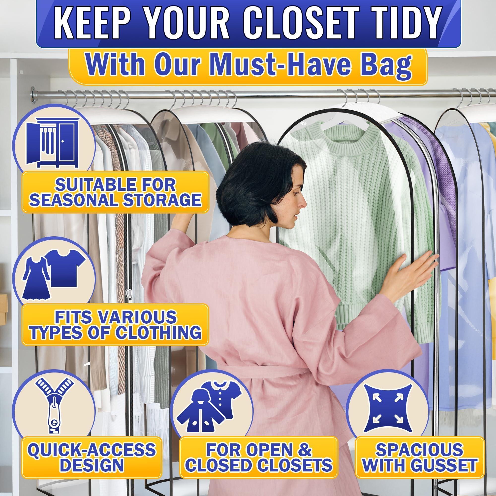 4 Pcs Clear Garment Bags for Hanging Clothes – Dust Proof Suit Bags for Closet Storage (40 x24 x10 ) with Zipper Sides – Designed for Travel & Organization Protects Clothes & Keeps Them Ready to Wear 4 Pcs Clear Garment Bags for Hanging Clothes – Dust Proof Suit Bags for Closet Storage (40 x24 x10 ) with Zipper Sides – Designed for Travel & Organization Protects Clothes & Keeps Them Ready to Wear