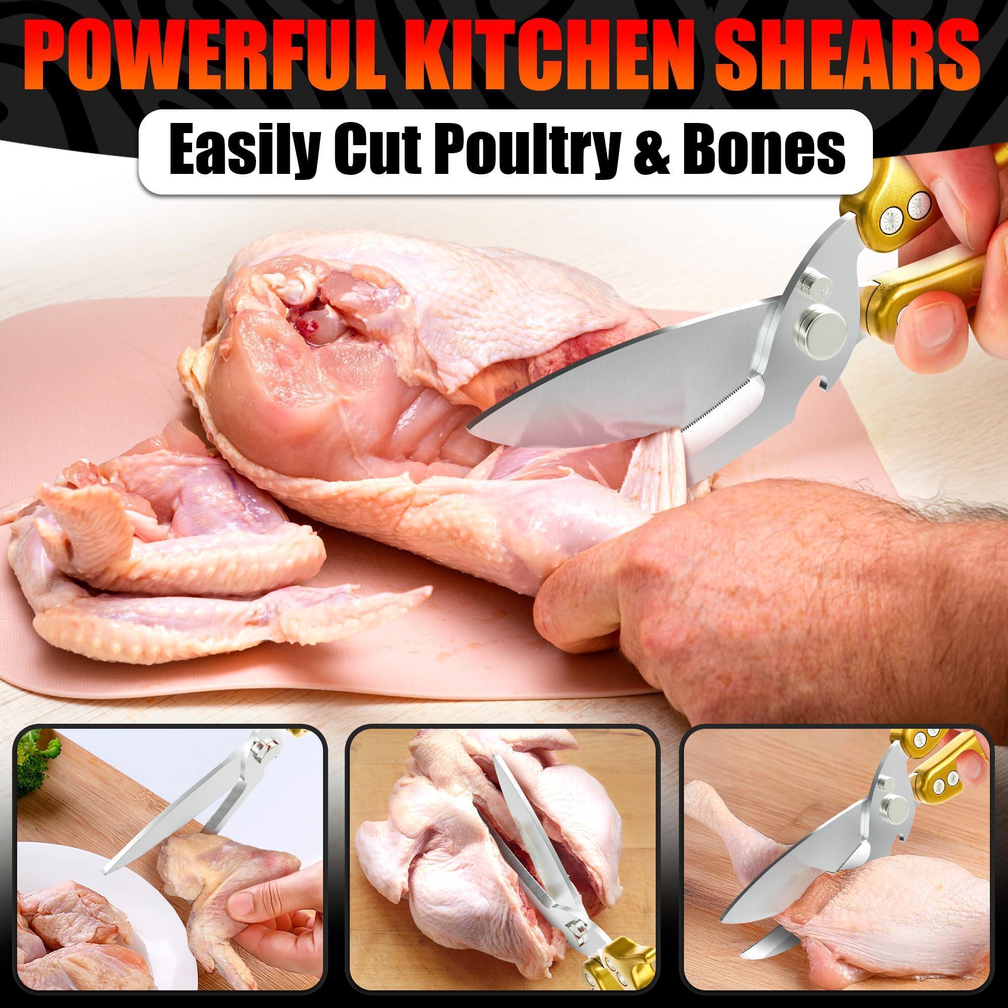 4 in 1 Multifunction Heavy Duty Kitchen Shears Sharp Seafood Fish Turkey Chicken Shears with Non Slip Metal Handle & Micro Serrated Blades for Meat Spring Loaded Bone Scissors Gold 4 in 1 Multifunction Heavy Duty Kitchen Shears Sharp Seafood Fish Turkey Chicken Shears with Non Slip Metal Handle & Micro Serrated Blades for Meat Spring Loaded Bone Scissors Gold