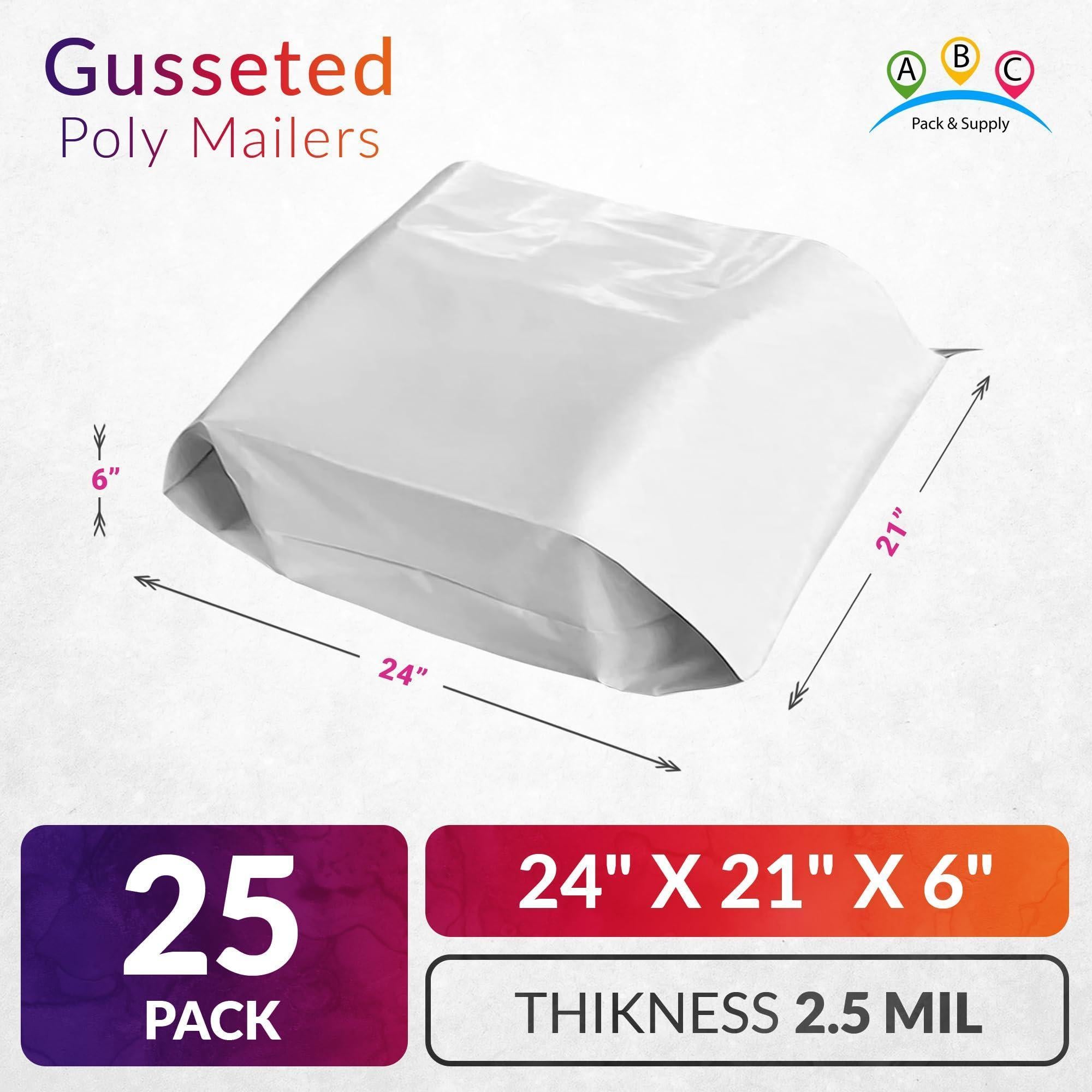 White Gusseted Poly Mailers 24 x 21 x 6 Inch Pack of 25 Poly Shipping Envelopes for Clothing 2.5 Mil. Plastic Shipping Bags Self Seal. Mailing Packages White Gusseted Poly Mailers 24 x 21 x 6 Inch Pack of 25 Poly Shipping Envelopes for Clothing 2.5 Mil. Plastic Shipping Bags Self Seal. Mailing Packages