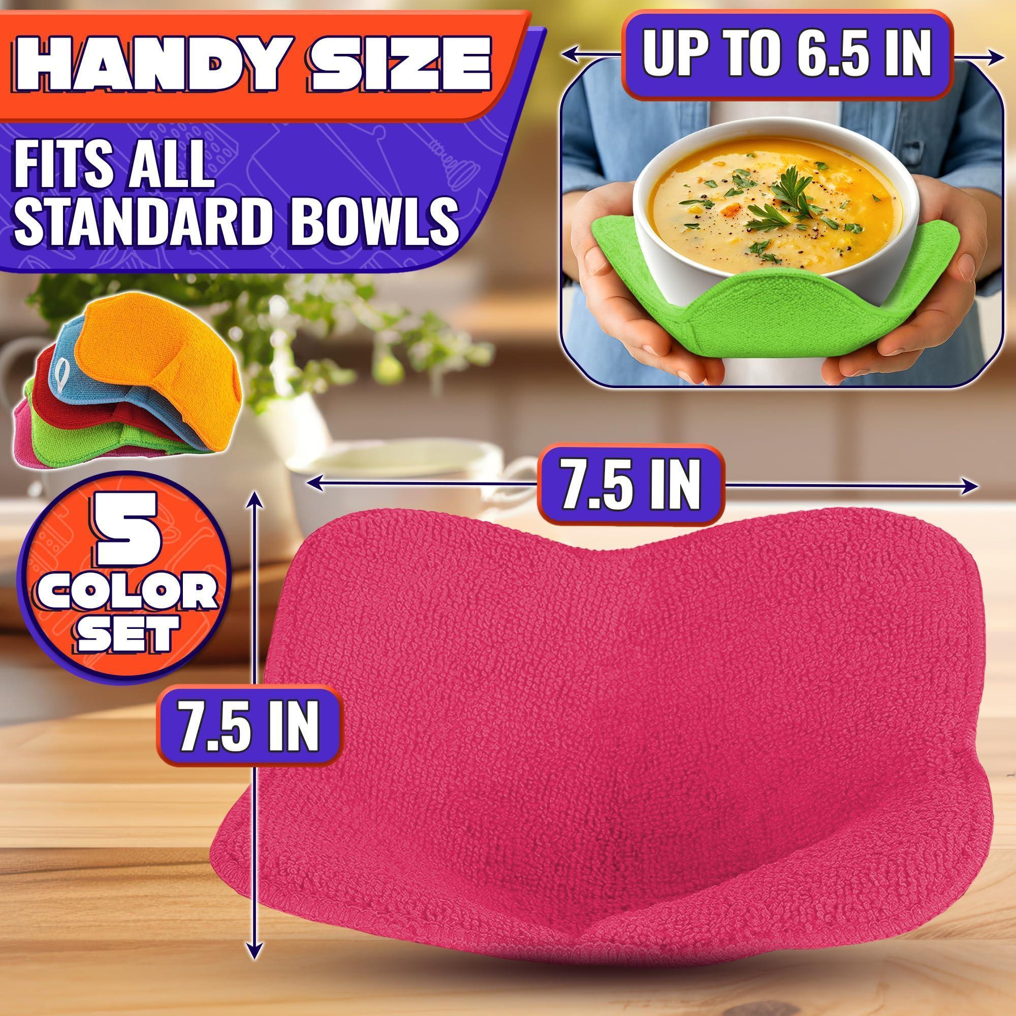 Microwave Bowl Holder Set of 5 – Five Color Pack Microwave Bowl Holders for Hot Food (7.5 x7.5 ) – Heat Resistant Fabric for Bowls Cups Saucers Machine Washable Microwave Bowl Holder Set of 5 – Five Color Pack Microwave Bowl Holders for Hot Food (7.5 x7.5 ) – Heat Resistant Fabric for Bowls Cups Saucers Machine Washable