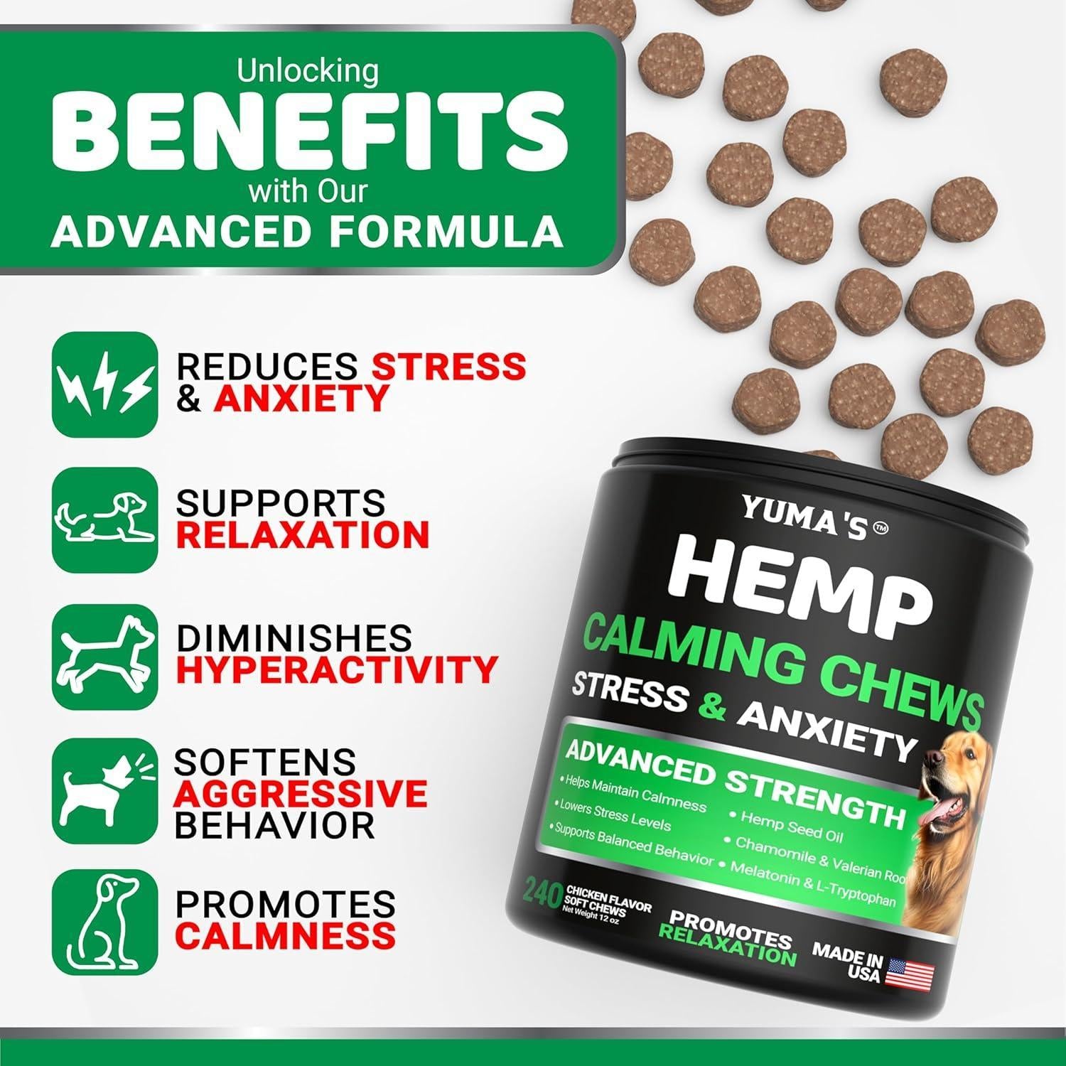 Hemp Calming Chews for Dogs 240 Count Anxiety Relief Melatonin & Chamomile Hemp Calming Chews for Dogs 240 Count Anxiety Relief Melatonin & Chamomile