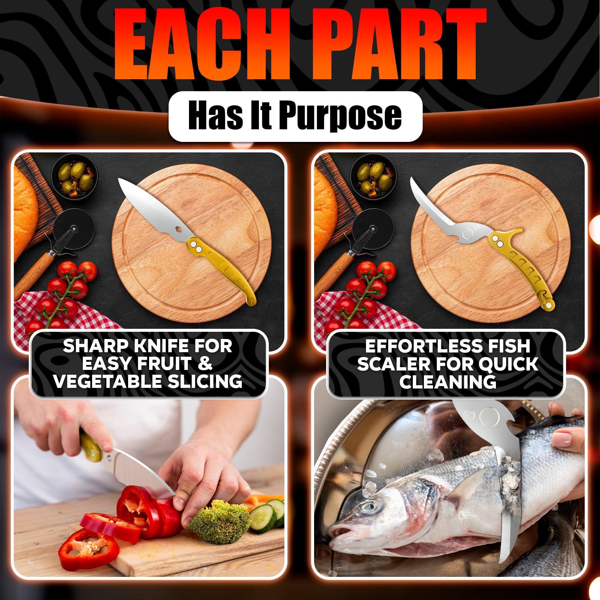 4 in 1 Multifunction Heavy Duty Kitchen Shears Sharp Seafood Fish Turkey Chicken Shears with Non Slip Metal Handle & Micro Serrated Blades for Meat Spring Loaded Bone Scissors Gold 4 in 1 Multifunction Heavy Duty Kitchen Shears Sharp Seafood Fish Turkey Chicken Shears with Non Slip Metal Handle & Micro Serrated Blades for Meat Spring Loaded Bone Scissors Gold