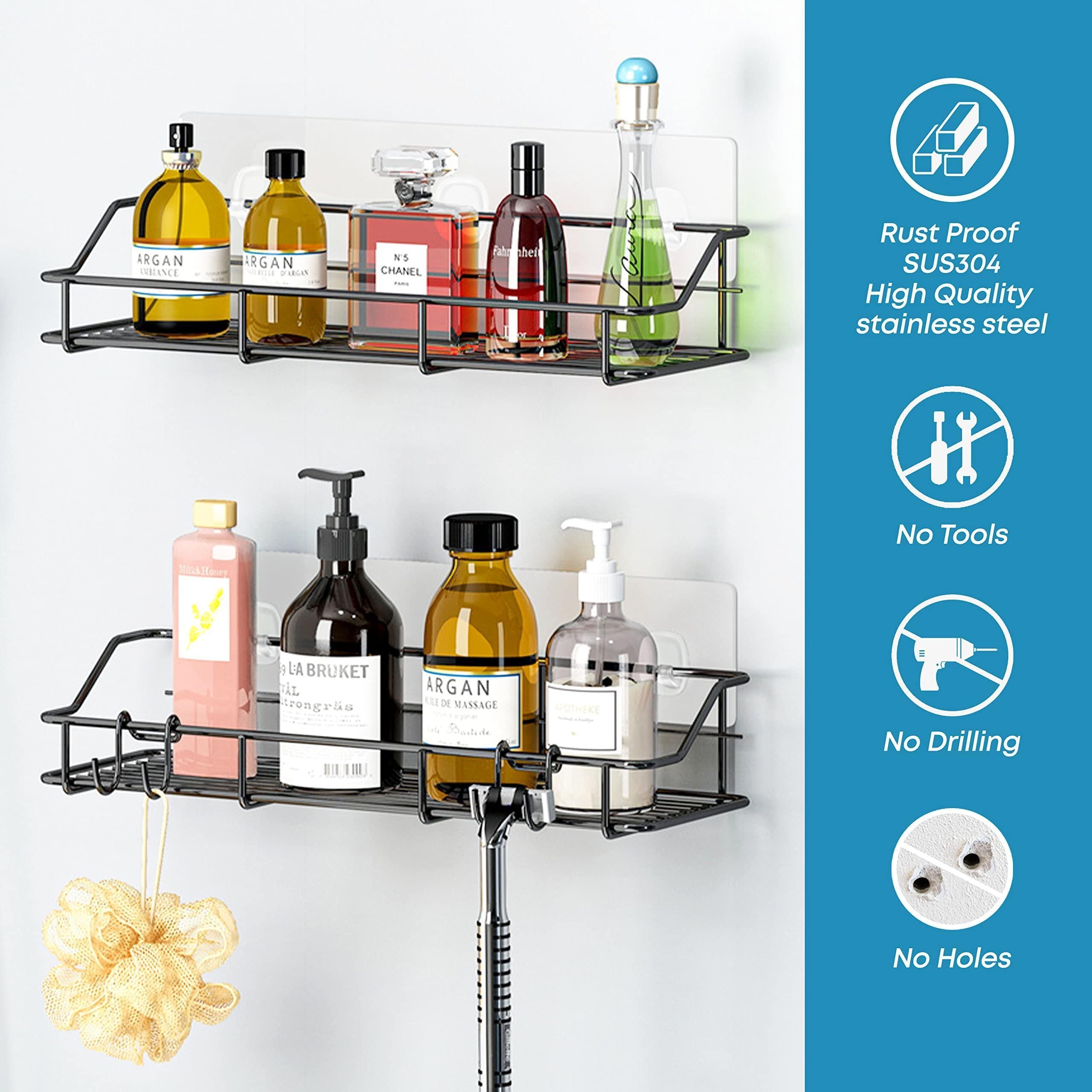 Adhesive Shower Caddy 2 Pack Black Shelf Organizer with Hooks Stainless Steel Adhesive Shower Caddy 2 Pack Black Shelf Organizer with Hooks Stainless Steel