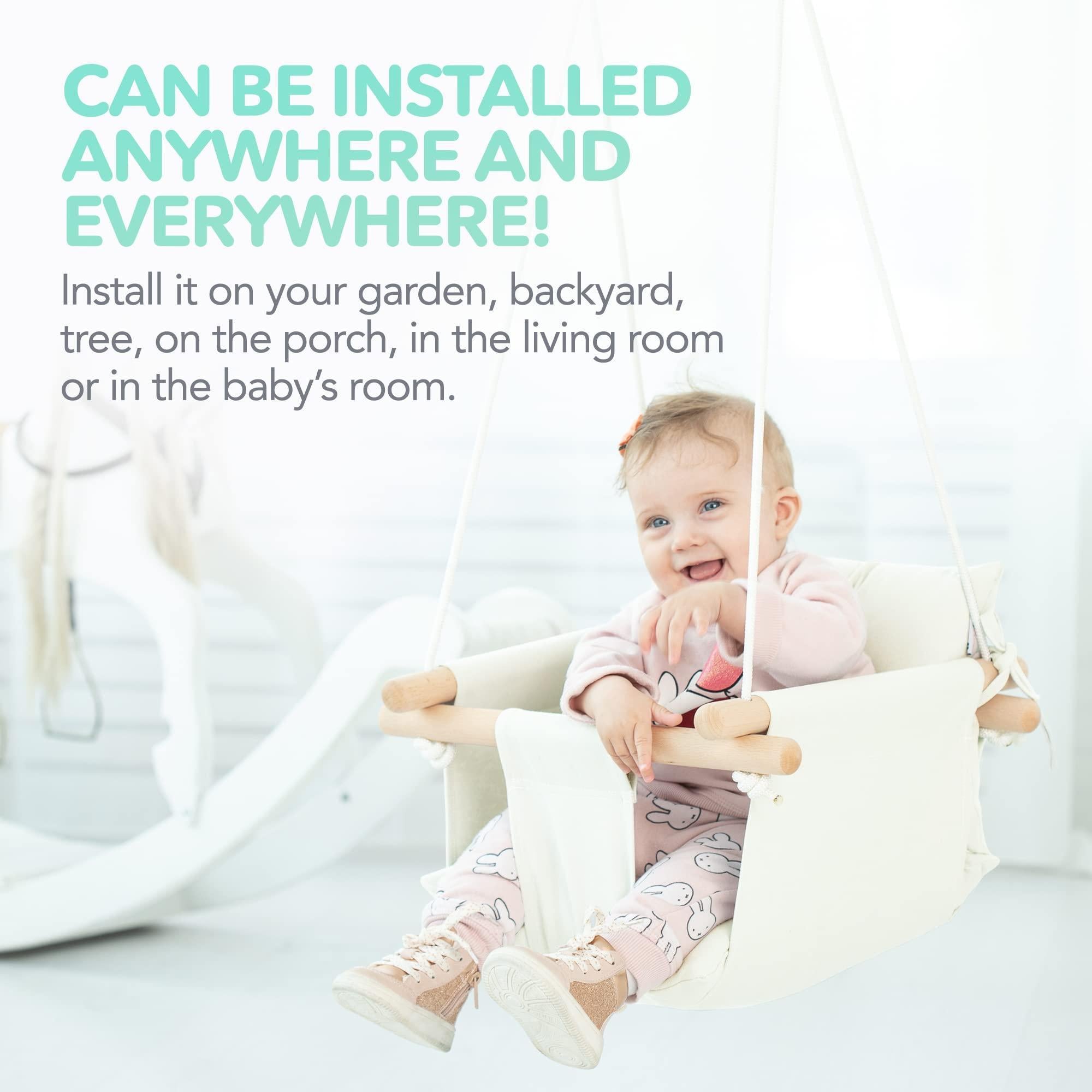 Canvas Baby Swing Wooden Hanging Swing Seat Chair with Safety Belt Durable Baby Swing Chair Outdoor and Indoor Swing for Kids Mounting Hardware Included Ivory Canvas Baby Swing Wooden Hanging Swing Seat Chair with Safety Belt Durable Baby Swing Chair Outdoor and Indoor Swing for Kids Mounting Hardware Included Ivory