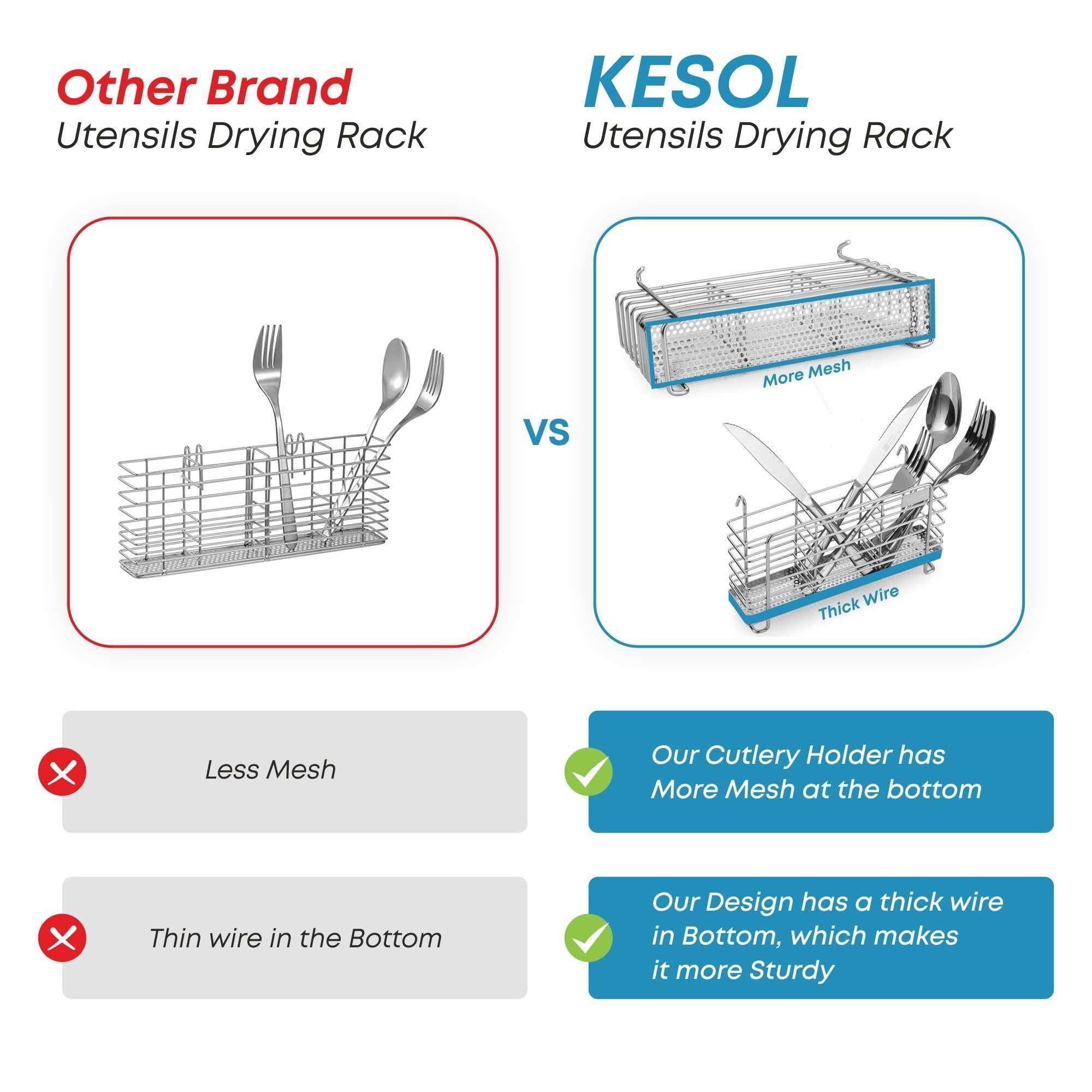 Sturdy 304 Stainless Steel Utensil Drying Rack Basket Holder with Hooks 3 Divided Compartments Rust Proof No Drilling Sturdy 304 Stainless Steel Utensil Drying Rack Basket Holder with Hooks 3 Divided Compartments Rust Proof No Drilling