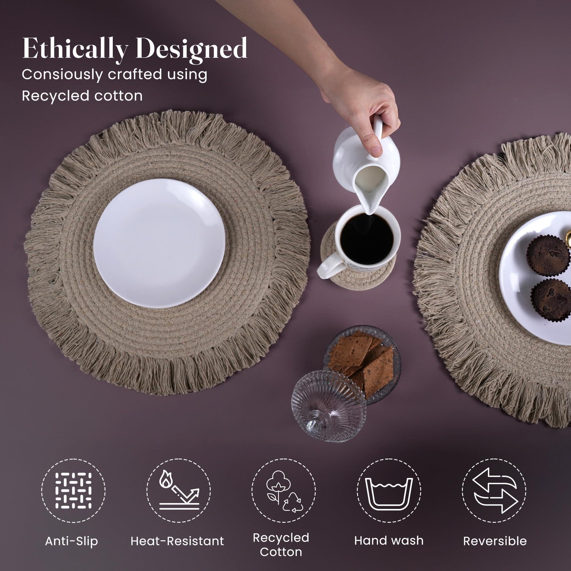 The Fine Living Co. Braided Cotton Placemats (Set of 4 15 Inches) with 4 Free Coasters Washable Anti Slip Heat Resistant Mats Boho Woven Round Table Mats for House Decor Kitchen and Dining The Fine Living Co. Braided Cotton Placemats (Set of 4 15 Inches) with 4 Free Coasters Washable Anti Slip Heat Resistant Mats Boho Woven Round Table Mats for House Decor Kitchen and Dining
