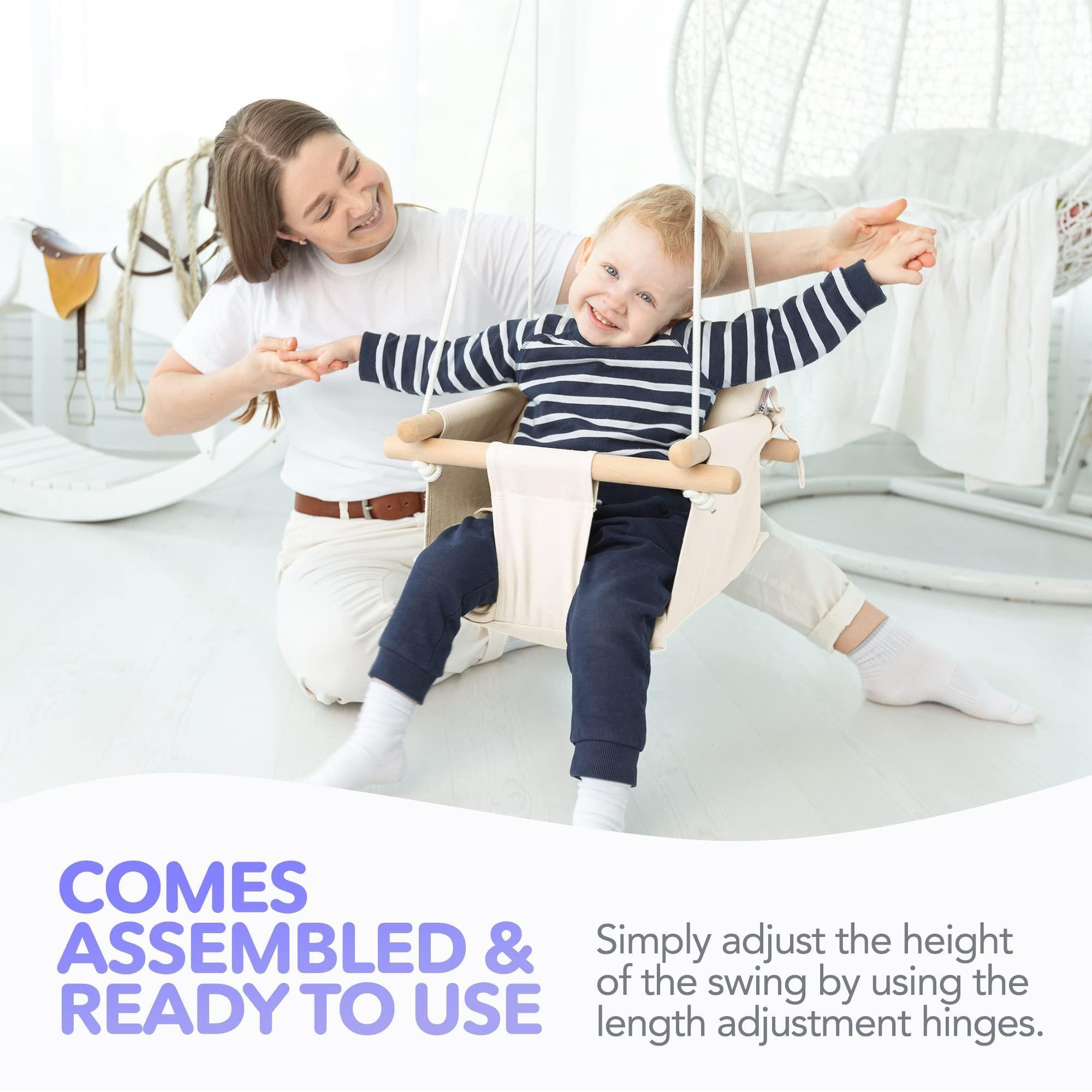 Canvas Baby Swing Wooden Hanging Swing Seat Chair with Safety Belt Durable Baby Swing Chair Outdoor and Indoor Swing for Kids Mounting Hardware Included Ivory Canvas Baby Swing Wooden Hanging Swing Seat Chair with Safety Belt Durable Baby Swing Chair Outdoor and Indoor Swing for Kids Mounting Hardware Included Ivory