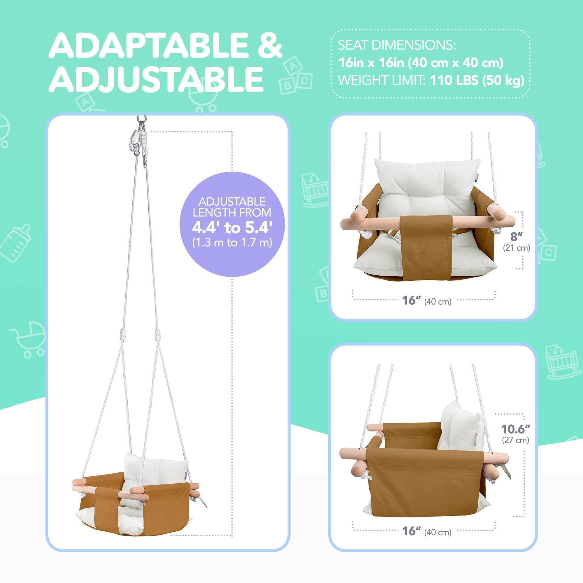 Ocher Canvas Baby Swing Chair Wooden Hanging Seat with Safety Belt Durable and Comfortable for Kids Indoor and Outdoor Use Mounting Hardware Included Ocher Ocher Canvas Baby Swing Chair Wooden Hanging Seat with Safety Belt Durable and Comfortable for Kids Indoor and Outdoor Use Mounting Hardware Included Ocher