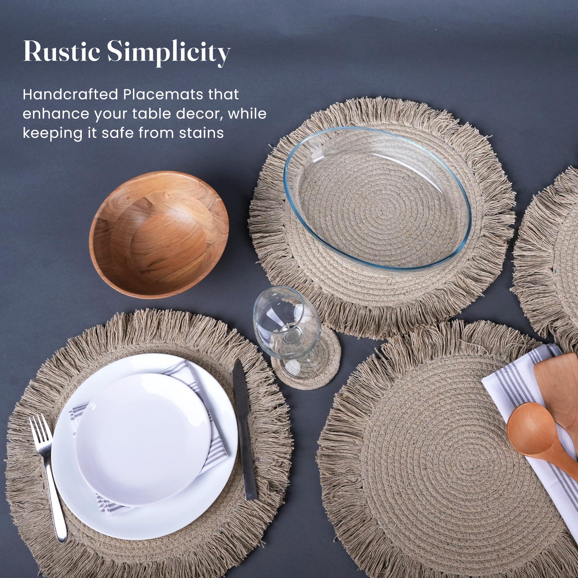 The Fine Living Co. Braided Cotton Placemats (Set of 4 15 Inches) with 4 Free Coasters Washable Anti Slip Heat Resistant Mats Boho Woven Round Table Mats for House Decor Kitchen and Dining The Fine Living Co. Braided Cotton Placemats (Set of 4 15 Inches) with 4 Free Coasters Washable Anti Slip Heat Resistant Mats Boho Woven Round Table Mats for House Decor Kitchen and Dining