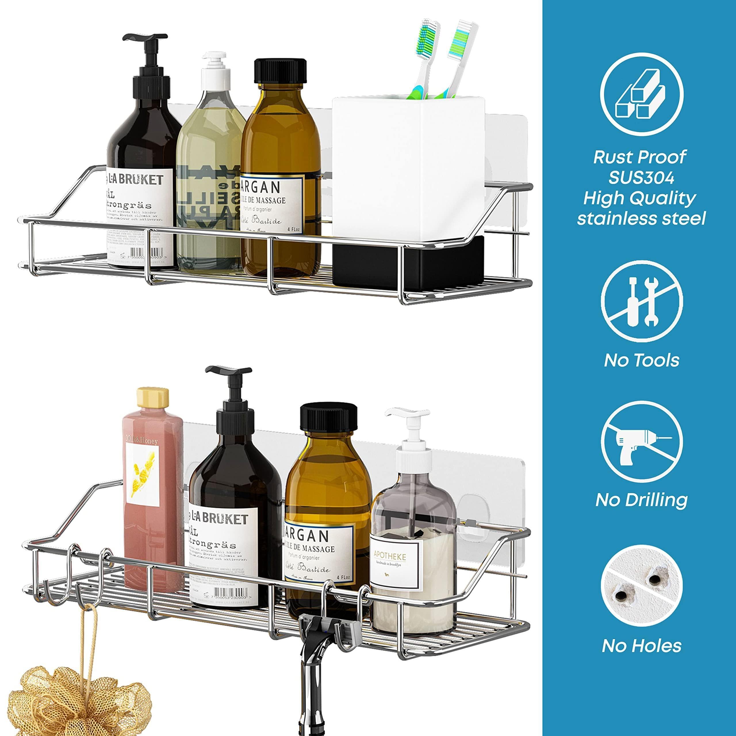 2 Pack Silver Adhesive Shower Caddy Shower Shelf Organizer for Bathroom Organization with Hooks SUS304 Stainless Steel 2 Pack Silver Adhesive Shower Caddy Shower Shelf Organizer for Bathroom Organization with Hooks SUS304 Stainless Steel