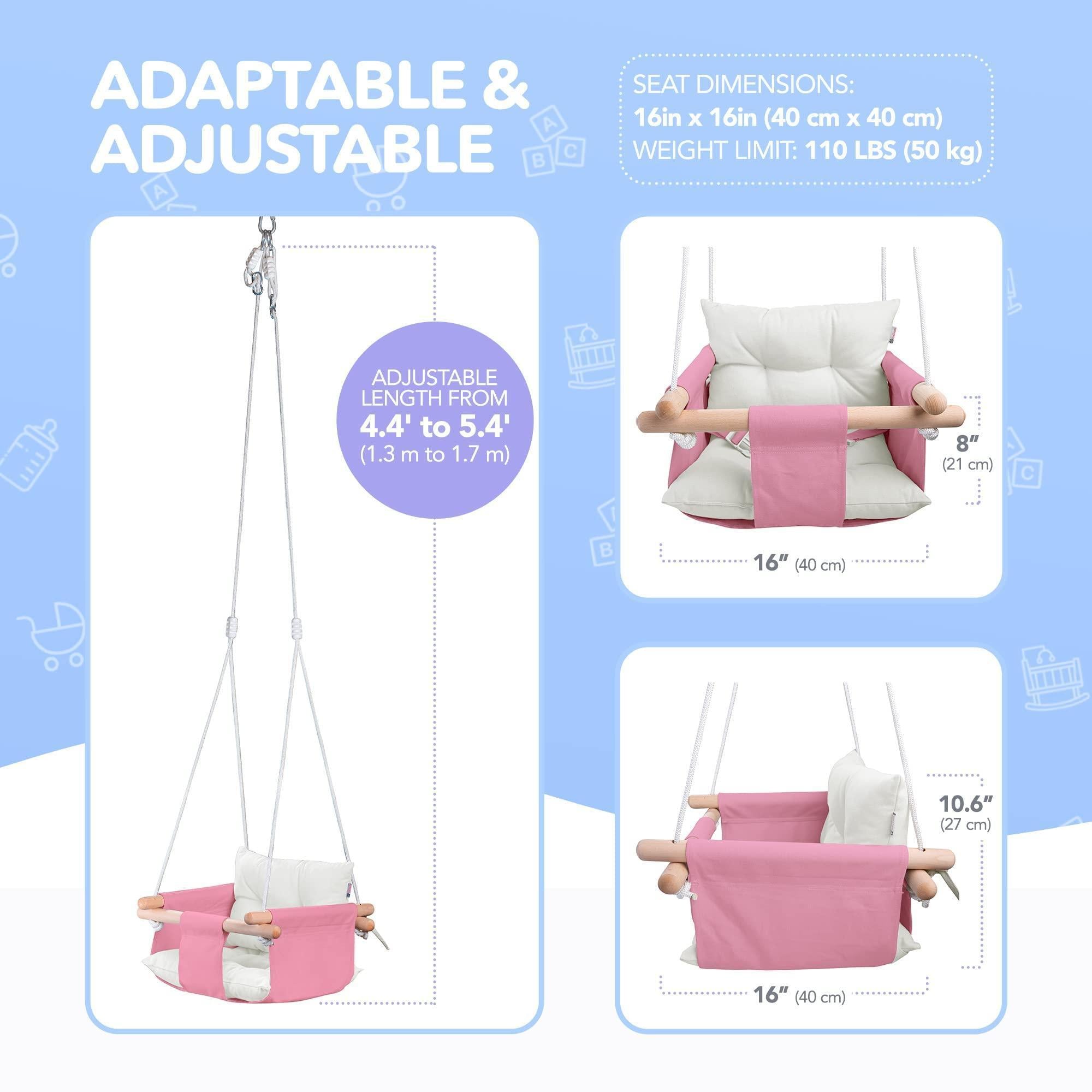 Pink Canvas Baby Swing Wooden Hanging Swing Seat Chair with Safety Belt Durable Baby Swing Chair Outdoor and Indoor Swing for Kids Mounting Hardware Included Pink Pink Canvas Baby Swing Wooden Hanging Swing Seat Chair with Safety Belt Durable Baby Swing Chair Outdoor and Indoor Swing for Kids Mounting Hardware Included Pink