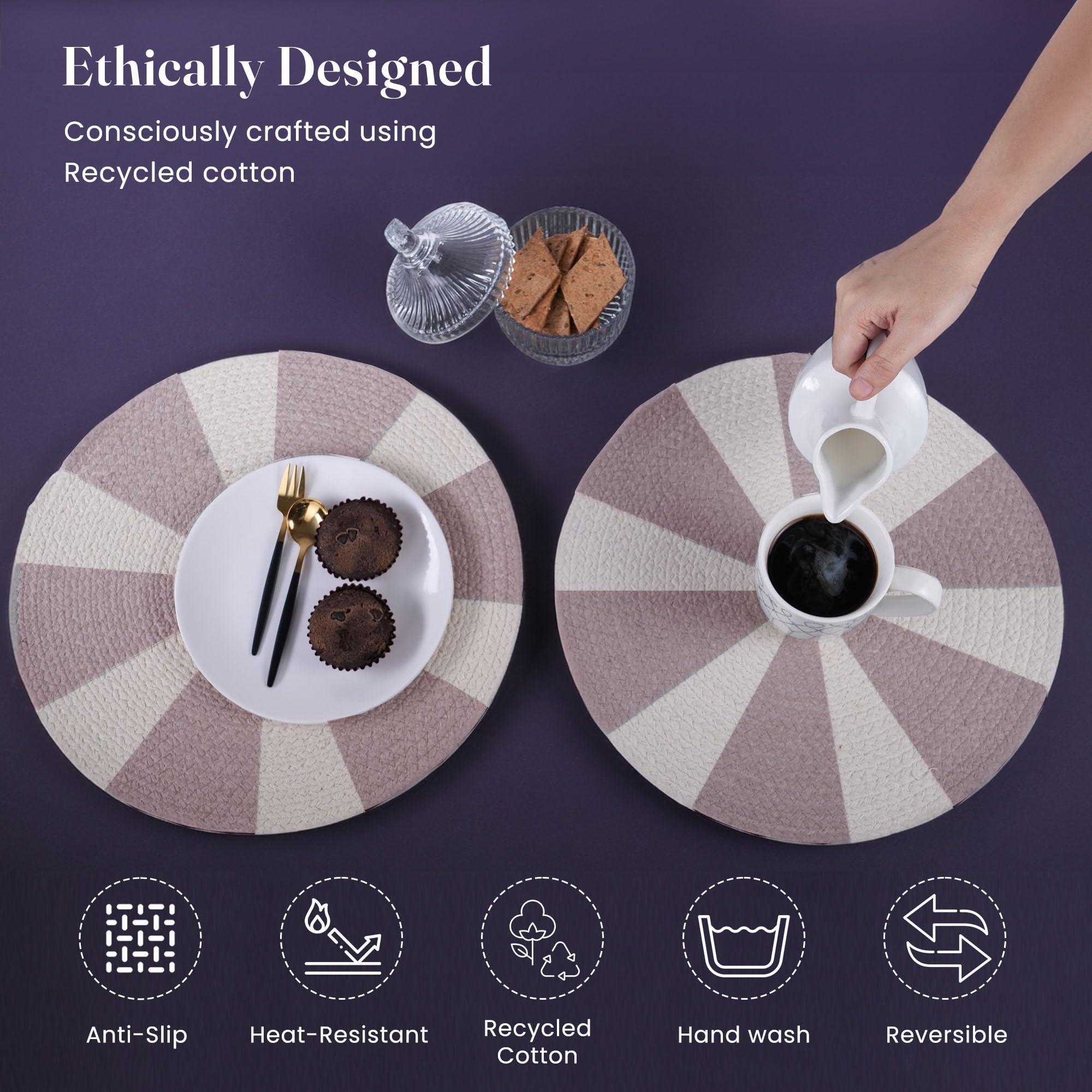 The Fine Living Co. Pinwheel Printed Cotton Braided Placemats (Set of 6 13.5 Inches) Washable Anti Slip Heat Resistant Mats Boho Woven Round Table Mats for House Decor Kitchen and Dining The Fine Living Co. Pinwheel Printed Cotton Braided Placemats (Set of 6 13.5 Inches) Washable Anti Slip Heat Resistant Mats Boho Woven Round Table Mats for House Decor Kitchen and Dining