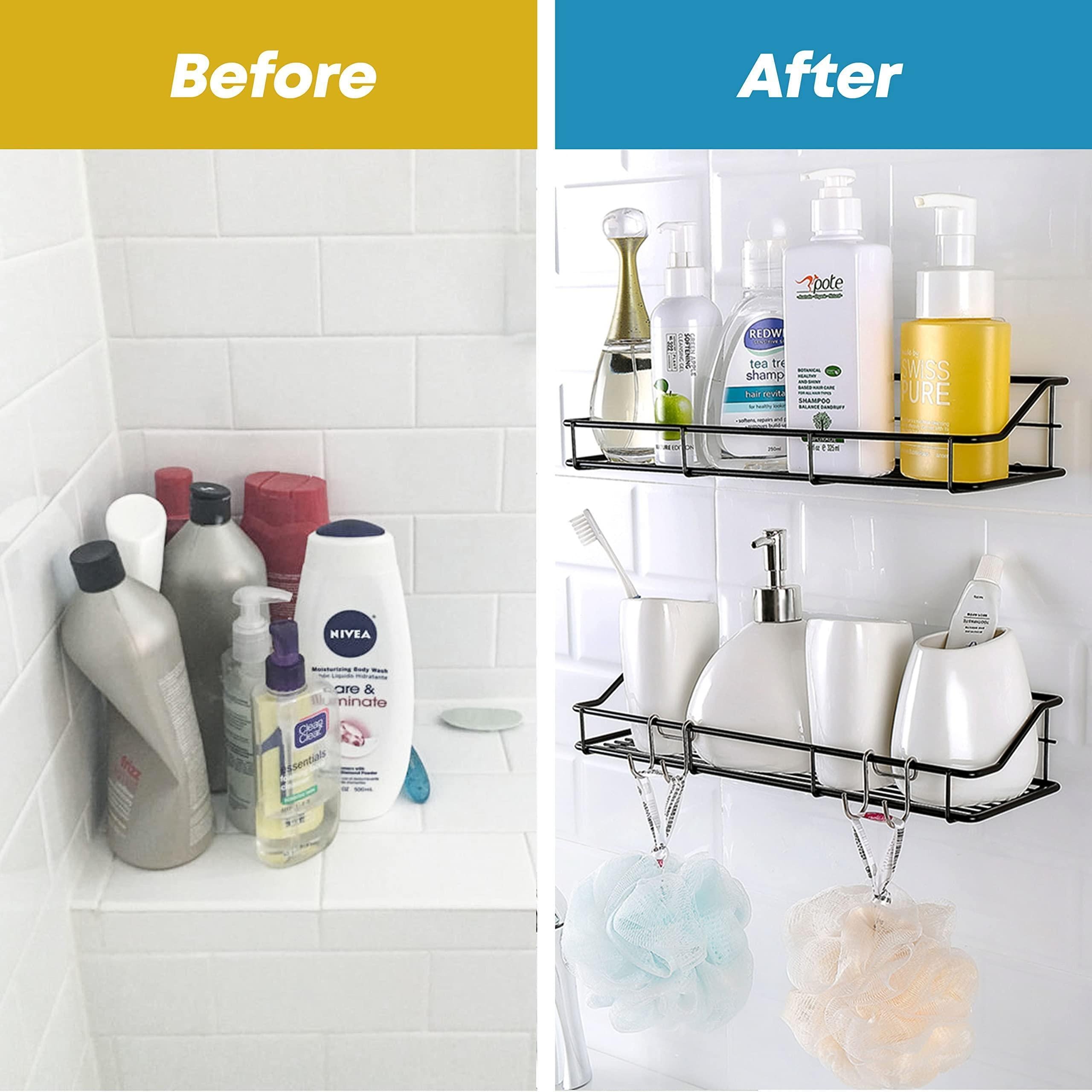 Adhesive Shower Caddy 2 Pack Black Shelf Organizer with Hooks Stainless Steel Adhesive Shower Caddy 2 Pack Black Shelf Organizer with Hooks Stainless Steel