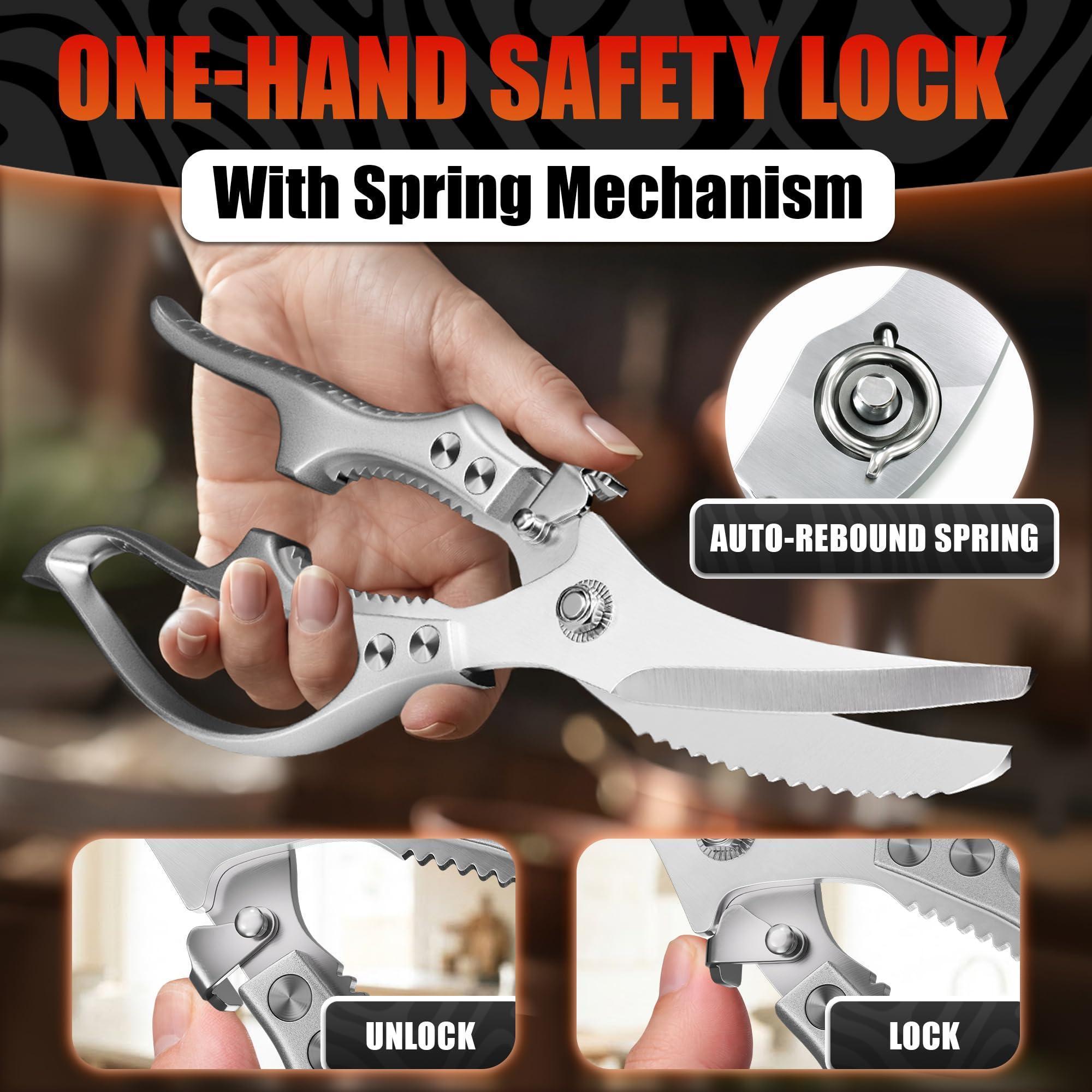 Stainless Steel Poultry Shears Heavy Duty Kitchen Shears for Food with Hardened Blades One Hand Safety Lock Spring Mechanism Dishwasher Safe Chicken Meat Cutting Turkey Fish and Vegetables Stainless Steel Poultry Shears Heavy Duty Kitchen Shears for Food with Hardened Blades One Hand Safety Lock Spring Mechanism Dishwasher Safe Chicken Meat Cutting Turkey Fish and Vegetables