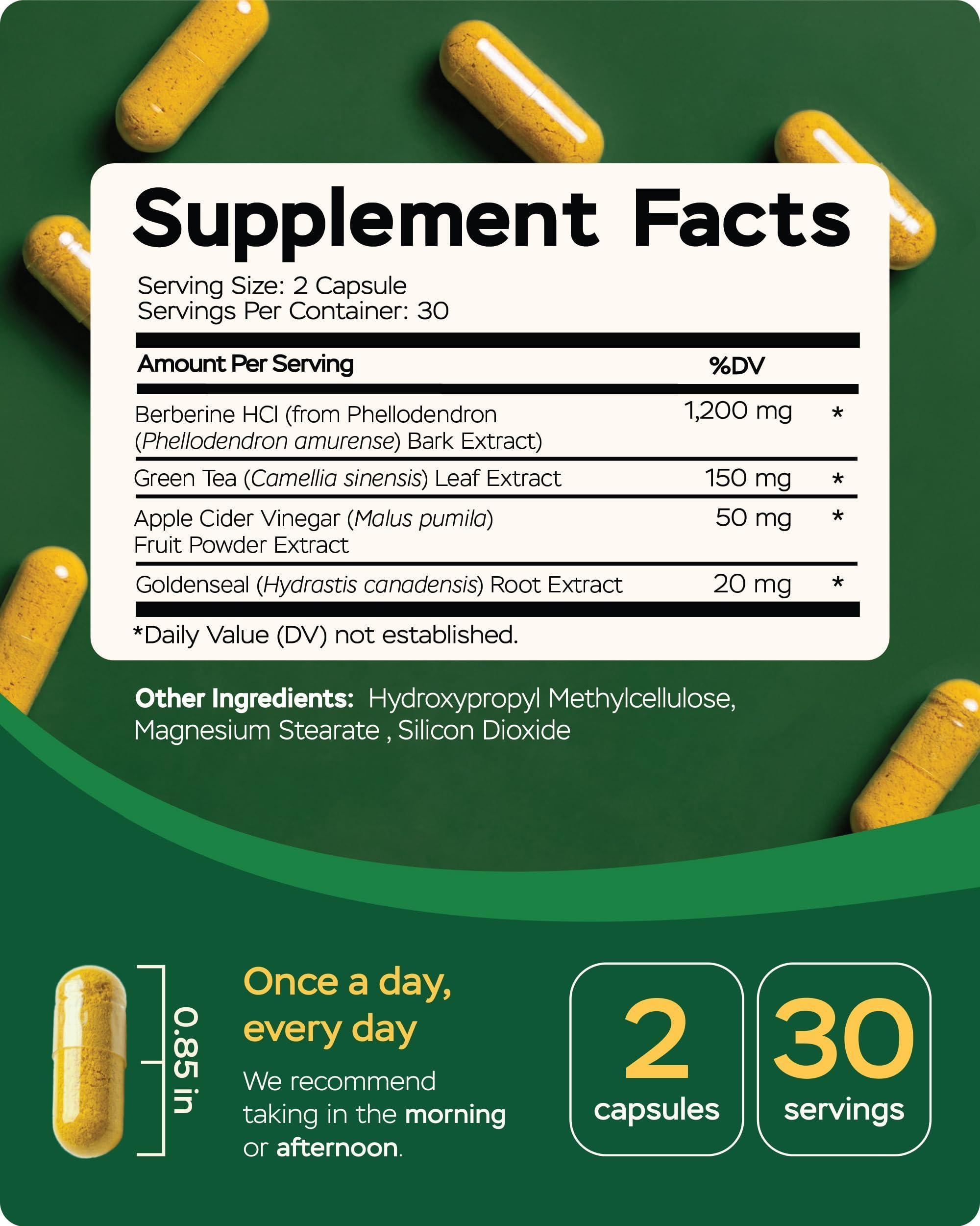 Berberine HCL 1200mg & Japanese Green Tea Extract 150mg Supplement for Metabolic Support with Apple Cider Vinegar & Goldenseal Body Composition Digestive & Immune Support 60 Capsules Berberine HCL 1200mg & Japanese Green Tea Extract 150mg Supplement for Metabolic Support with Apple Cider Vinegar & Goldenseal Body Composition Digestive & Immune Support 60 Capsules