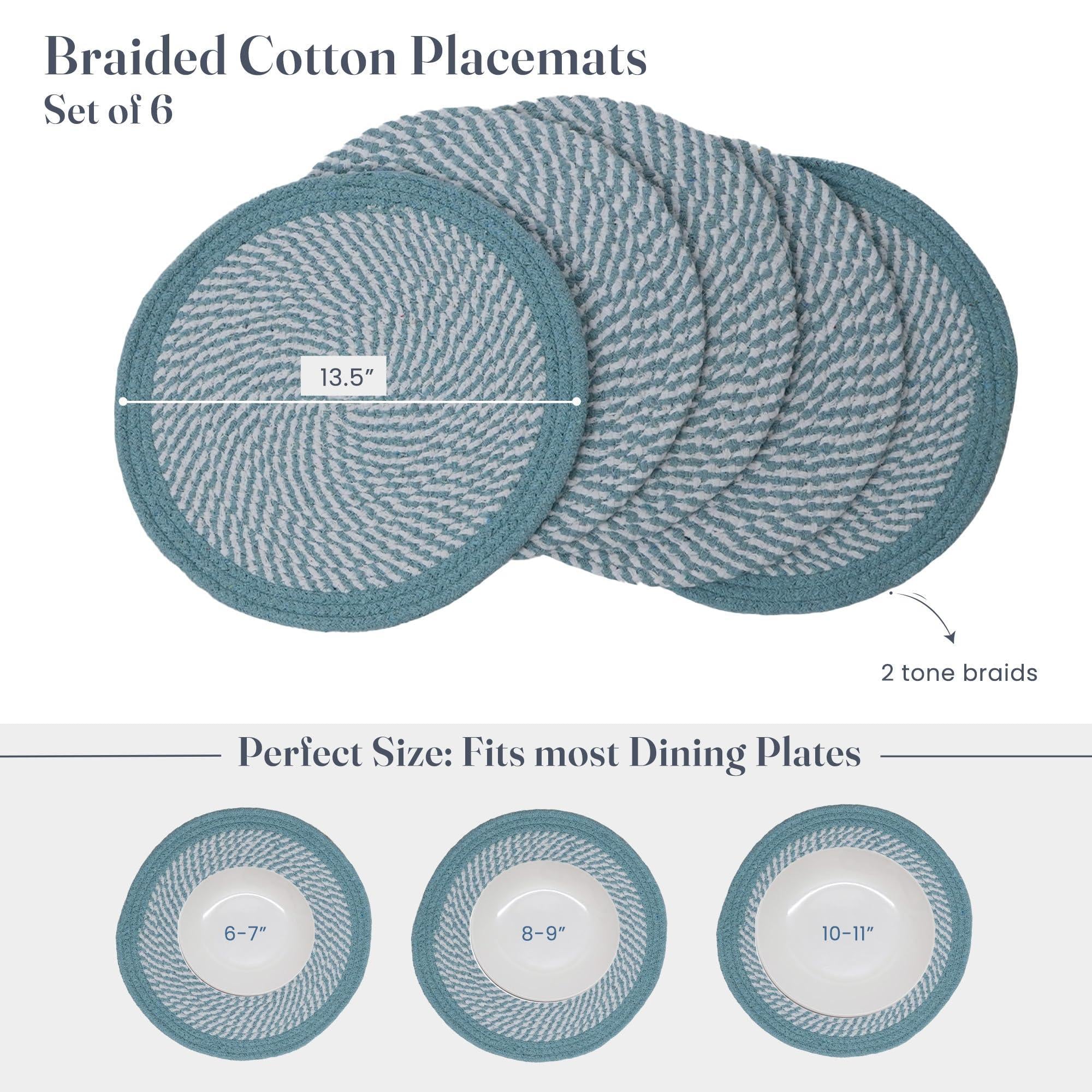 The Fine Living Co. Braided Cotton Placemats (Set of 6 13.5 Inches) Washable Anti Slip Heat Resistant Mats Boho Woven Round Table Mats for House Decor Kitchen and Dining The Fine Living Co. Braided Cotton Placemats (Set of 6 13.5 Inches) Washable Anti Slip Heat Resistant Mats Boho Woven Round Table Mats for House Decor Kitchen and Dining
