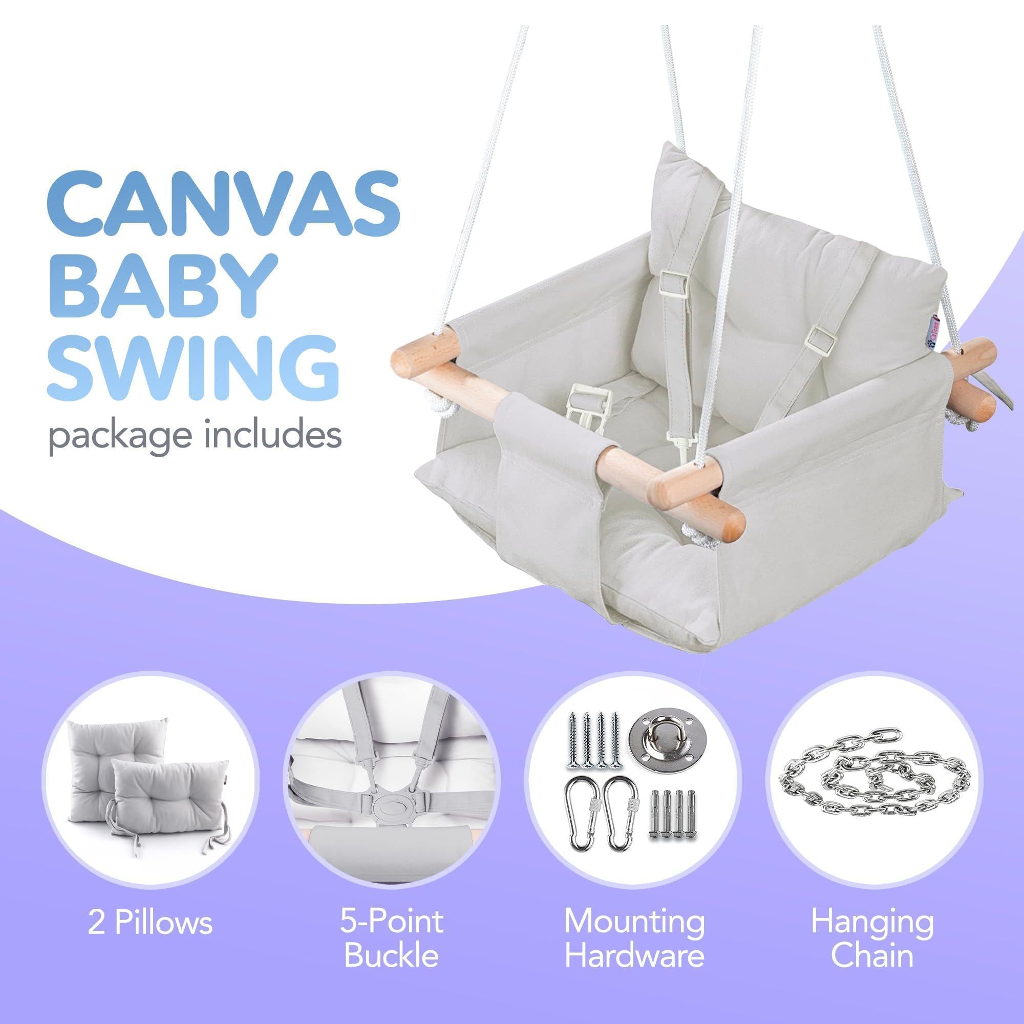 Grey Canvas Baby Swing Wooden Hanging Swing Seat Chair with Safety Belt Durable Baby Swing Chair Outdoor and Indoor Swing for Kids Mounting Hardware Included Gray Grey Canvas Baby Swing Wooden Hanging Swing Seat Chair with Safety Belt Durable Baby Swing Chair Outdoor and Indoor Swing for Kids Mounting Hardware Included Gray