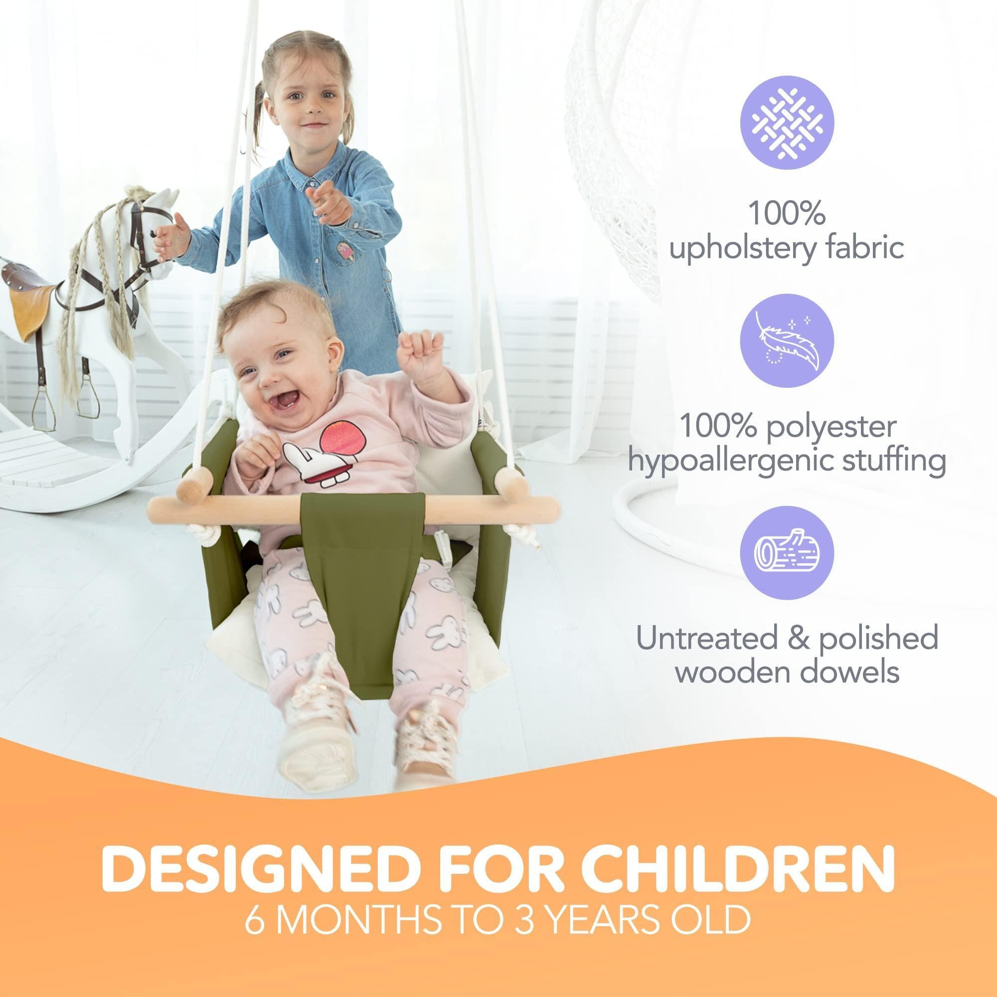 Canvas Baby Swing Wooden Hanging Swing Seat Chair with Safety Belt Durable Baby Swing Chair Outdoor and Indoor Swing for Kids Mounting Hardware Included Green Canvas Baby Swing Wooden Hanging Swing Seat Chair with Safety Belt Durable Baby Swing Chair Outdoor and Indoor Swing for Kids Mounting Hardware Included Green