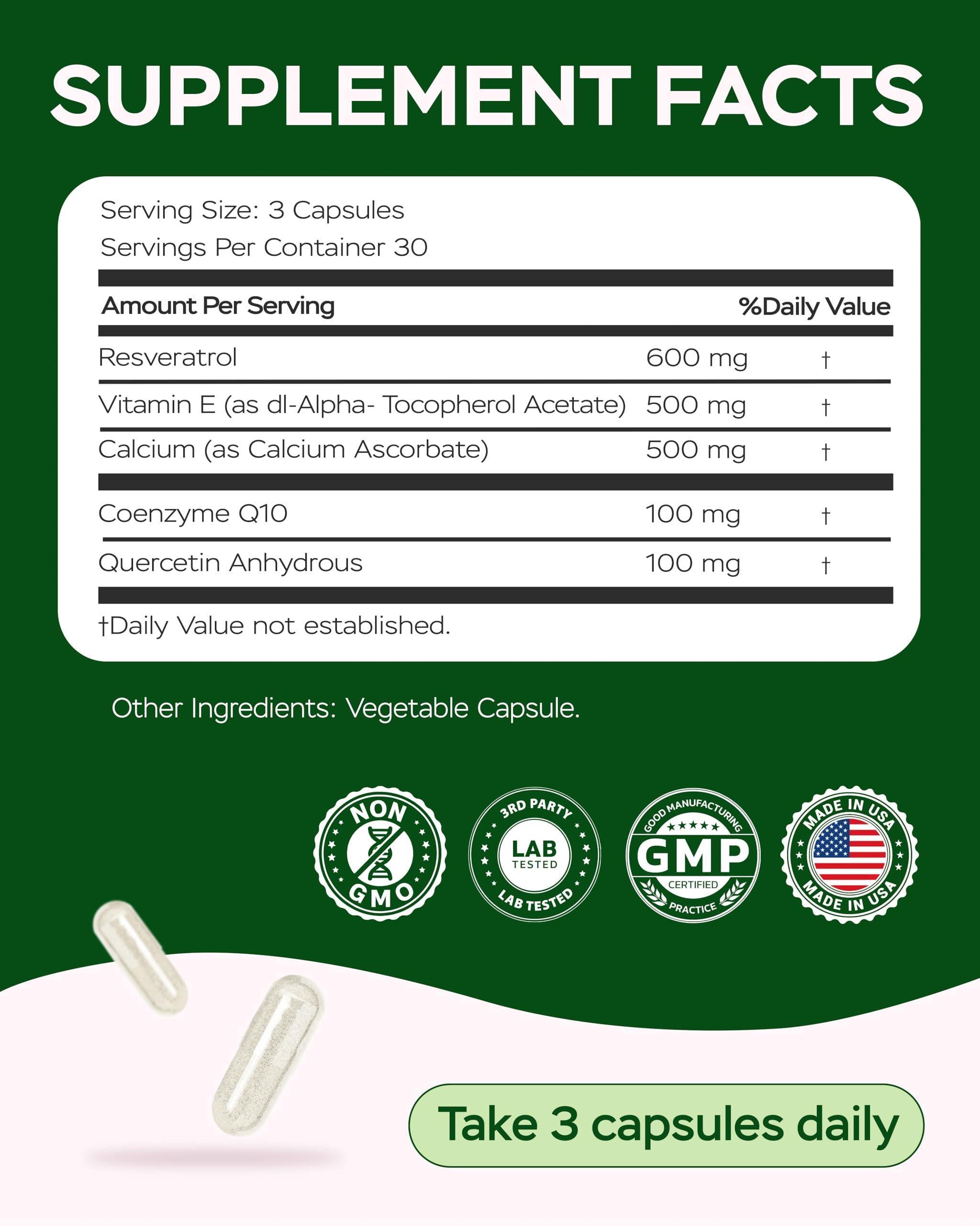 Resveratrol Supplement 1800mg Complex COQ10 Quercetin Vitamin E Calcium Ascorbate Powerful Antioxidant Formula for Enhanced Energy Heart Health & Healthy Aging Support Trans Resveratrol 90 Caps Resveratrol Supplement 1800mg Complex COQ10 Quercetin Vitamin E Calcium Ascorbate Powerful Antioxidant Formula for Enhanced Energy Heart Health & Healthy Aging Support Trans Resveratrol 90 Caps