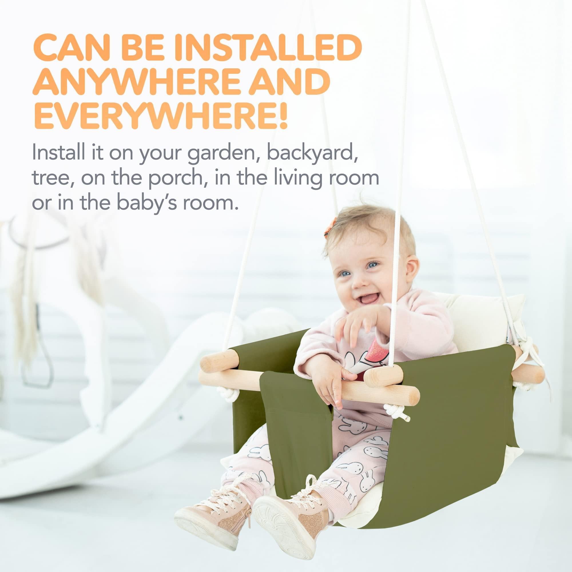 Canvas Baby Swing Wooden Hanging Swing Seat Chair with Safety Belt Durable Baby Swing Chair Outdoor and Indoor Swing for Kids Mounting Hardware Included Green Canvas Baby Swing Wooden Hanging Swing Seat Chair with Safety Belt Durable Baby Swing Chair Outdoor and Indoor Swing for Kids Mounting Hardware Included Green