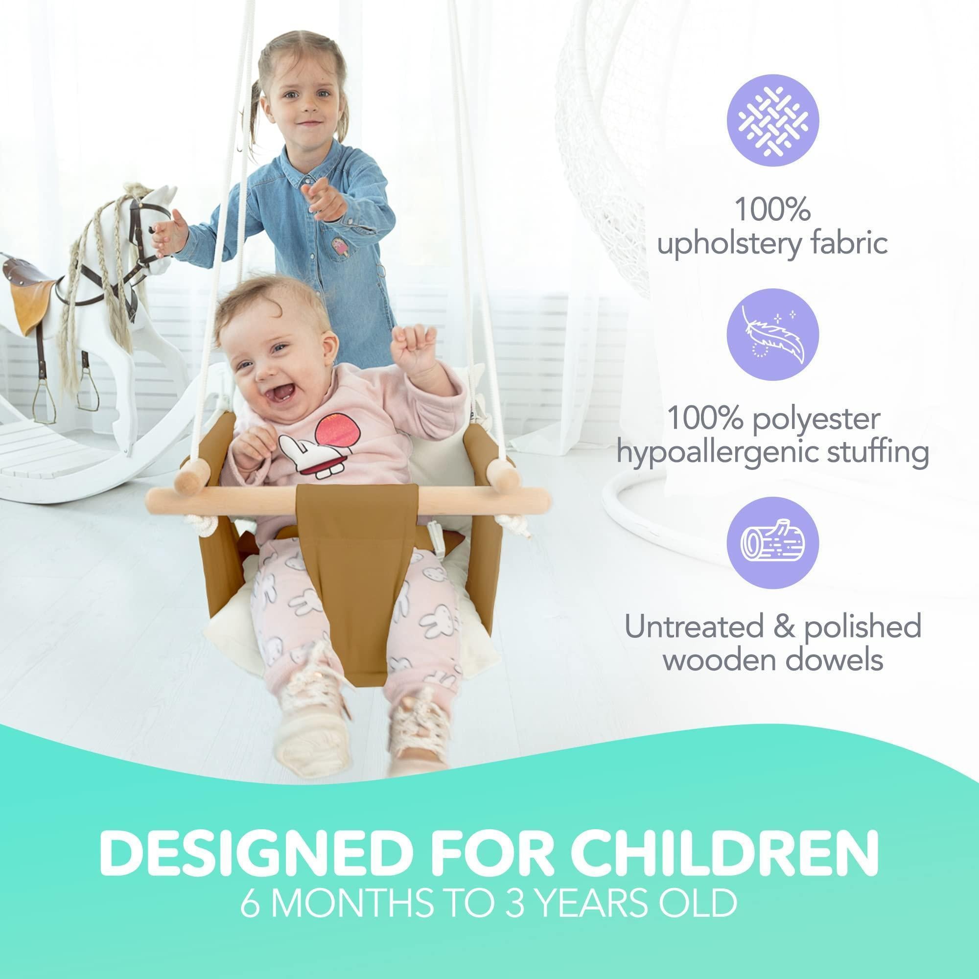 Ocher Canvas Baby Swing Chair Wooden Hanging Seat with Safety Belt Durable and Comfortable for Kids Indoor and Outdoor Use Mounting Hardware Included Ocher Ocher Canvas Baby Swing Chair Wooden Hanging Seat with Safety Belt Durable and Comfortable for Kids Indoor and Outdoor Use Mounting Hardware Included Ocher