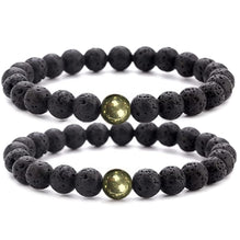 Black Lava Rock Beads Natural Stone Bracelets with Pyrite  Set of 2  Healing Crystal Energy Activation Power Chakra Reiki Elastic Stretch Bracelet for Protection Man Women Diffuser Elastic Yoga 8mm