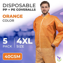 Orange Disposable Coveralls for Men Women 4X Large Pack of 5 Hazmat Suits Disposable Breathable PP PE 40 GSM Painters Coveralls Paint Suit with Open Wrists Ankles Front Zipper