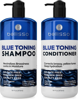 Blue Shampoo and Conditioner Set  16 Fl Oz Set of 2 Sulfate Free and Paraben Free Neutralizing Toner to Correct Orange Brassy Hair Back to Brunette Professional Formula For Women Men