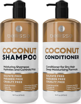 Coconut Shampoo and Conditioner Set 16 Fl Oz Set of 2 Sulfate Free Deep Moisturizing Hydrating Anti Frizz Formula for Women and Men Professional Salon Grade Dry Damaged Hair Care Products